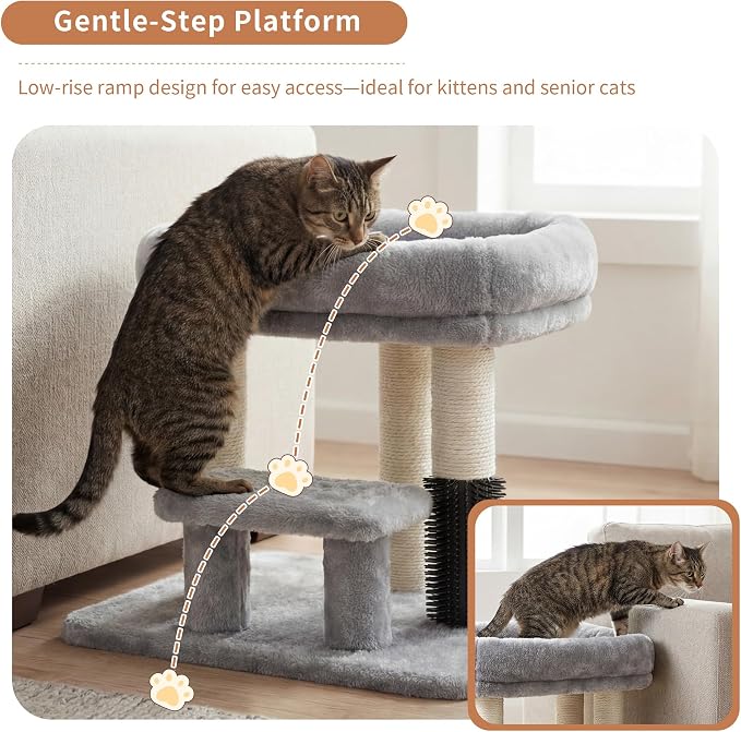 Heybly Cat Scratching Post with Grooming Brush & Gentle Step, HSP001SW | Light Gray