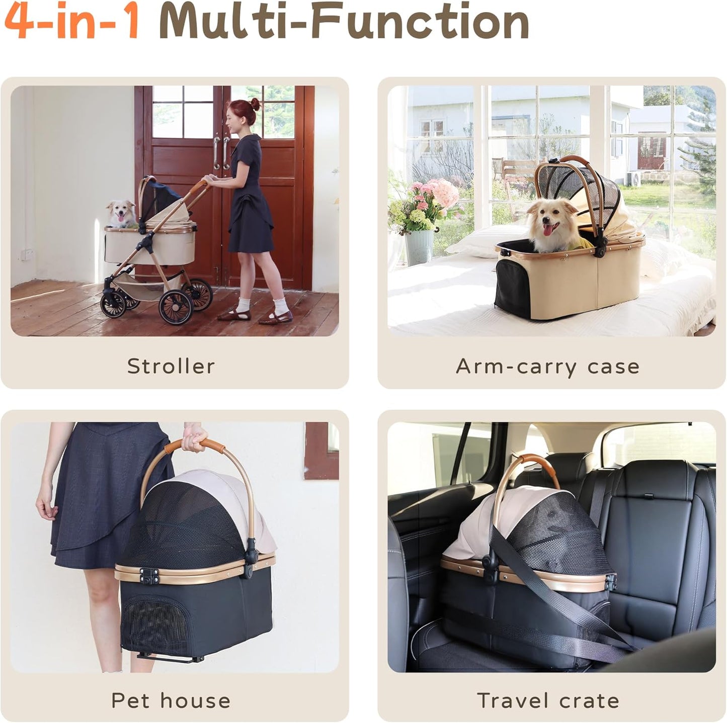 3-in-1 Pet Stroller for Small Dogs & Cats up to 33lbs, One-Touch Fold 4-Wheel Cart with Removable Carrier, Rear Brake & Storage Basket