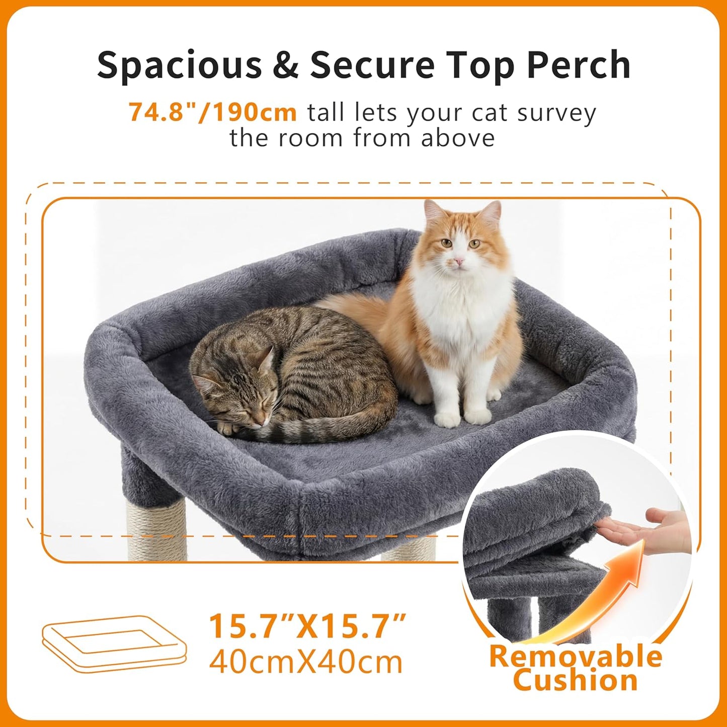 Heybly Cat Tree, 190cm Spacious & Tall Cat Tower for Large Cats, Cat Furniture with Large Top Perch, Solid Base, 2 Cat Condos