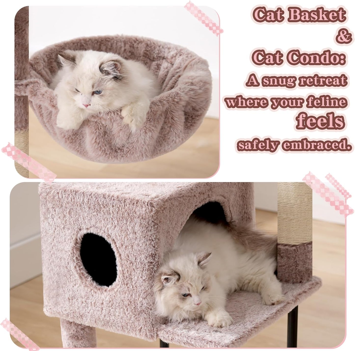 Heybly HCT200SMU Cat Scratching Post, 125 cm, Small Cat Tree, Spacious and Comfortable Scratching Post with Cave