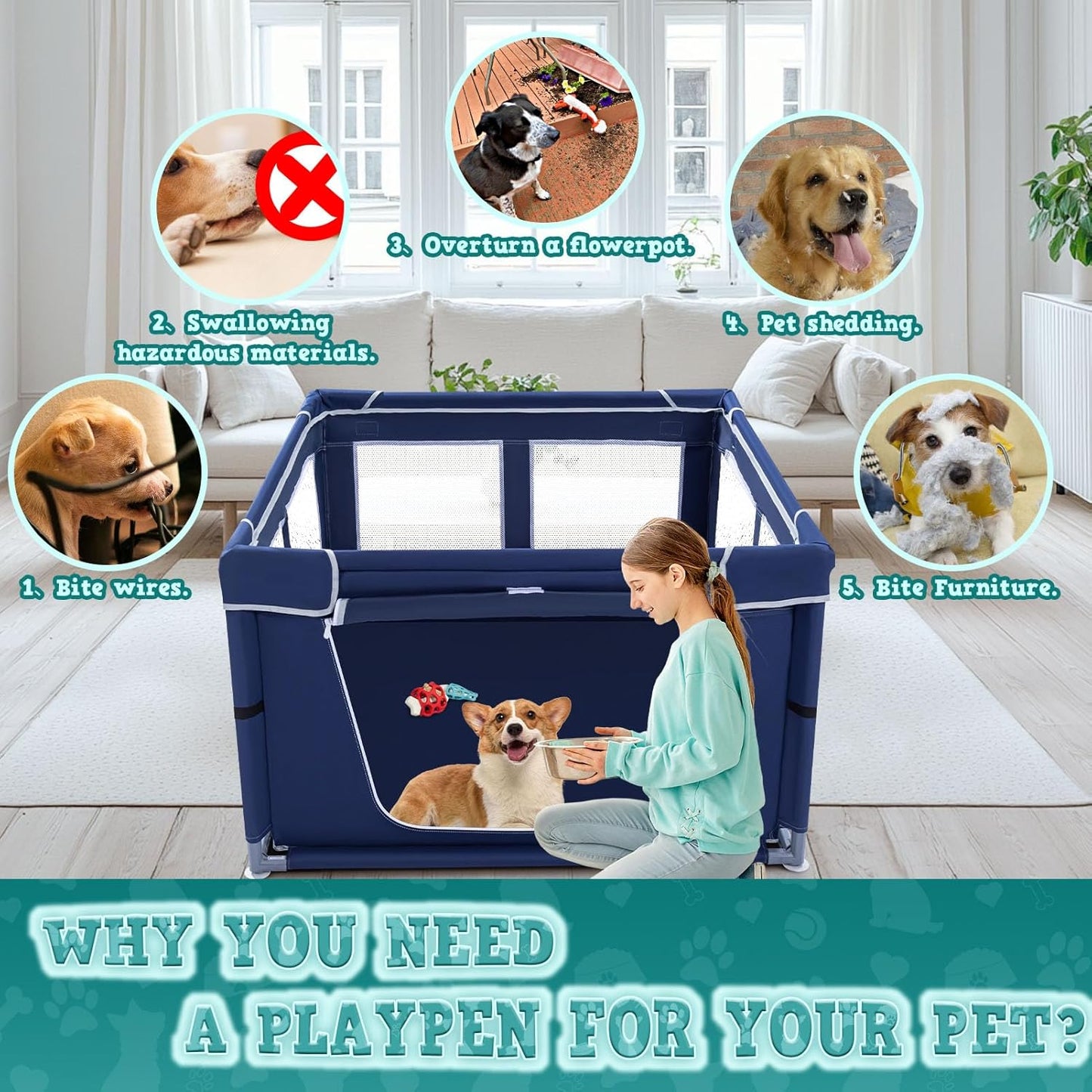 XVISHX 42x42x25.6 Inches Puppy Playpen with Gate, Dog Fence for Indoor & Outdoor, Blue
