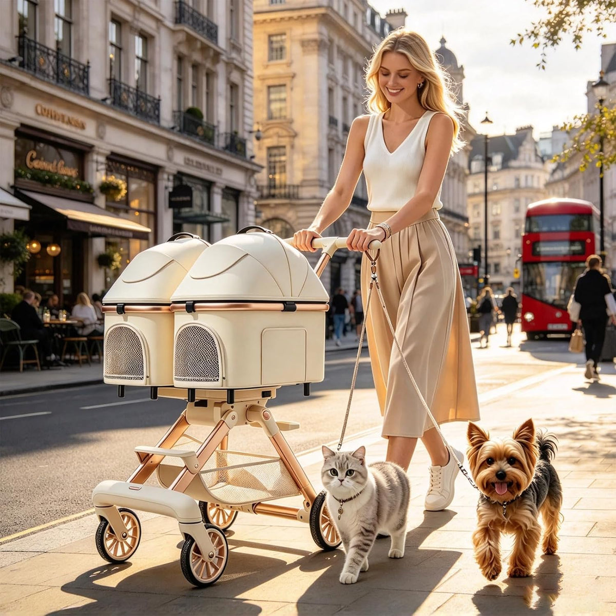 Double Pet Stroller, Foldable All-Terrain Stroller for 2 Small Dogs & Cats
