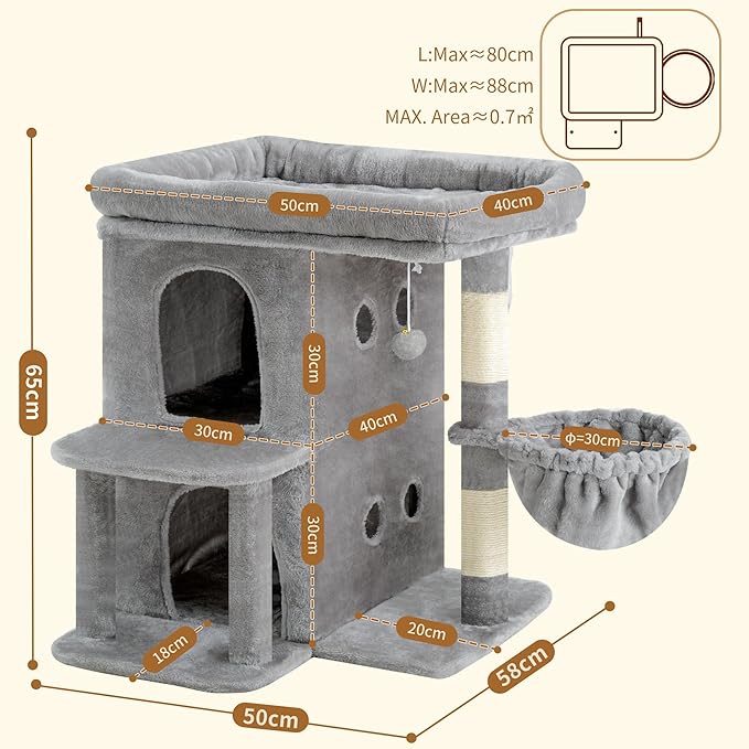 Heybly Cat Tree, 65cm Cat Tower with Spacious Top Perch for Large Cats,Light Grey