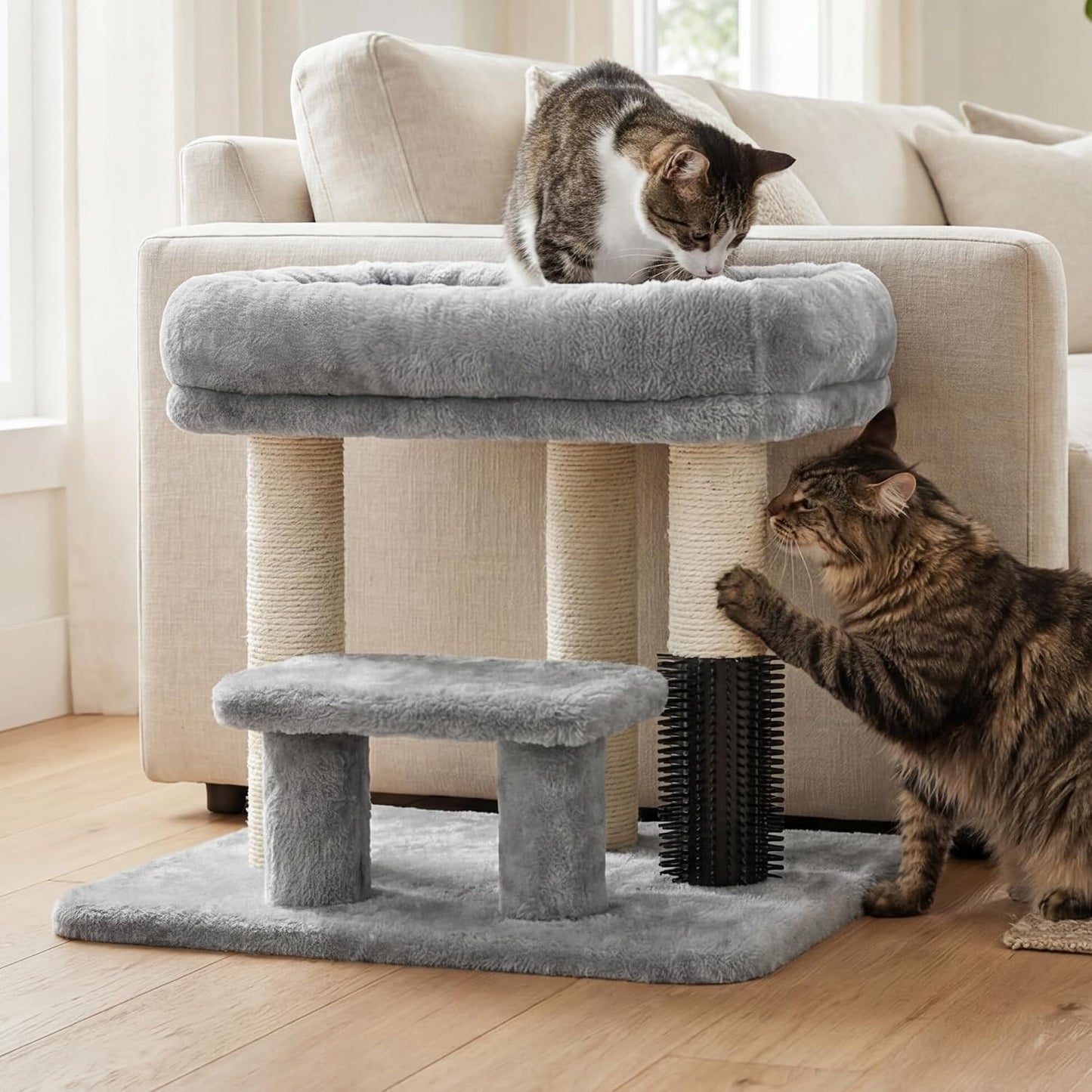 Heybly Cat Scratching Post with Grooming Brush & Gentle Step, HSP001SW | Light Gray