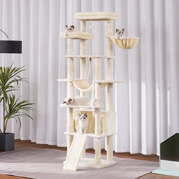 Heybly Tall Cat Tree 78-inch Multi-Level Cat Tower for Indoor Cats HCT033M | Cat Condo with 2 Widened Plush Perches, Multi-Level Cat Furniture with Scratching Board, Big Caves, Beige