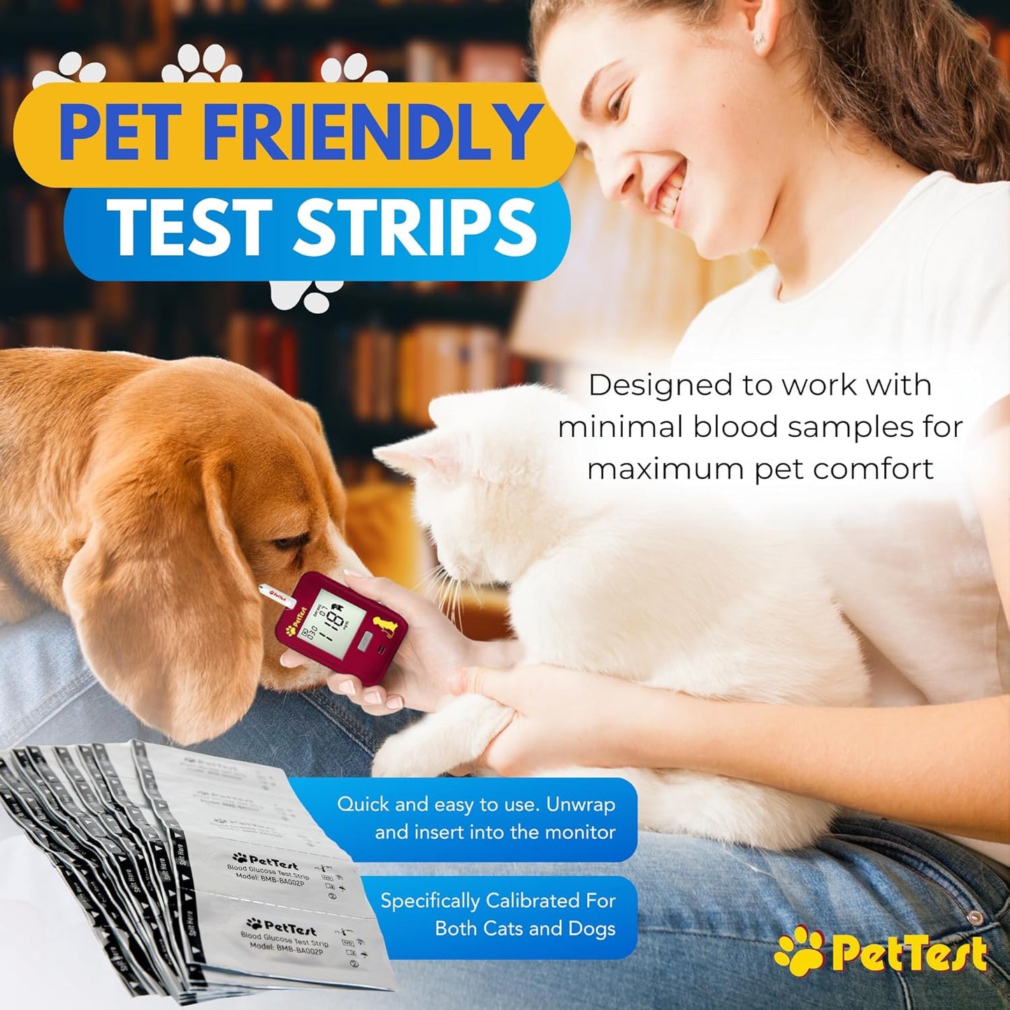 PetTest Blood Glucose Test Strips, Easy Open for Use with a Glucometer Monitor for Dogs & Cats, sterilized and Individually Sealed, 50 Pieces