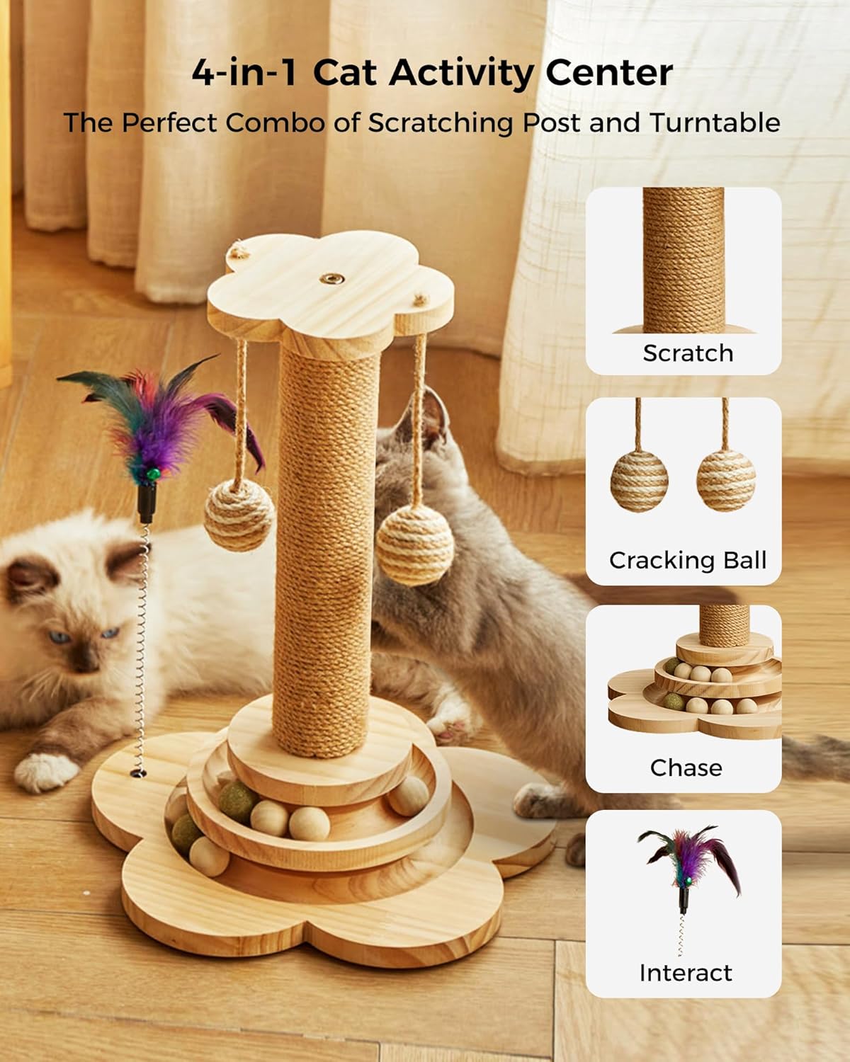 Cat Scratching Post for Kittens, 4 in 1 Wooden Cat Scratcher Toy, 17.7" Tall Scratch Post with 2 Level Cat Track Balls, Interactive Feather Toy and 2 Sisal Hanging Balls for Indoor Kittens