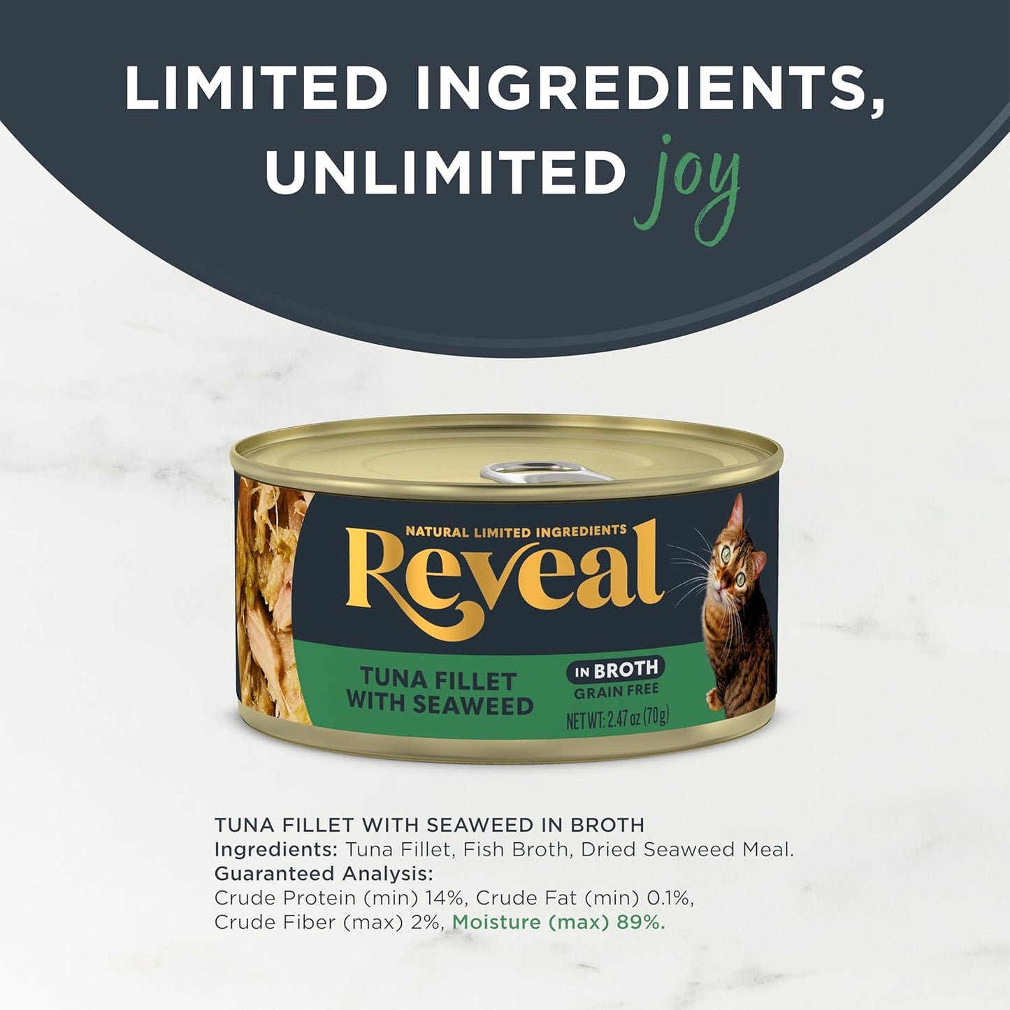 Reveal Natural Wet Cat Food, 24 Count, Grain Free, Limited Ingredient Canned Food for Cats, Tuna with Seaweed in Broth, 70g Tins