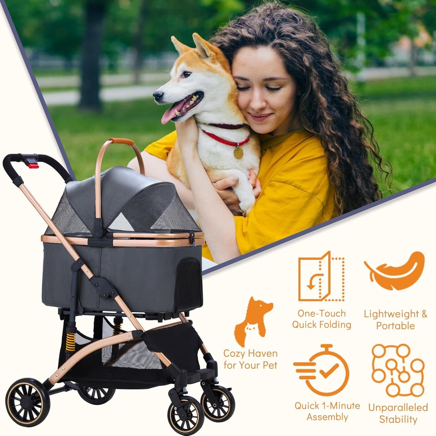Pet Stroller for Small Dogs Cats, 6 Shock Absorption System | One Touch FoldinDog Stroller with Detachable Carrier for Car Seat & Hand Carry, Gray