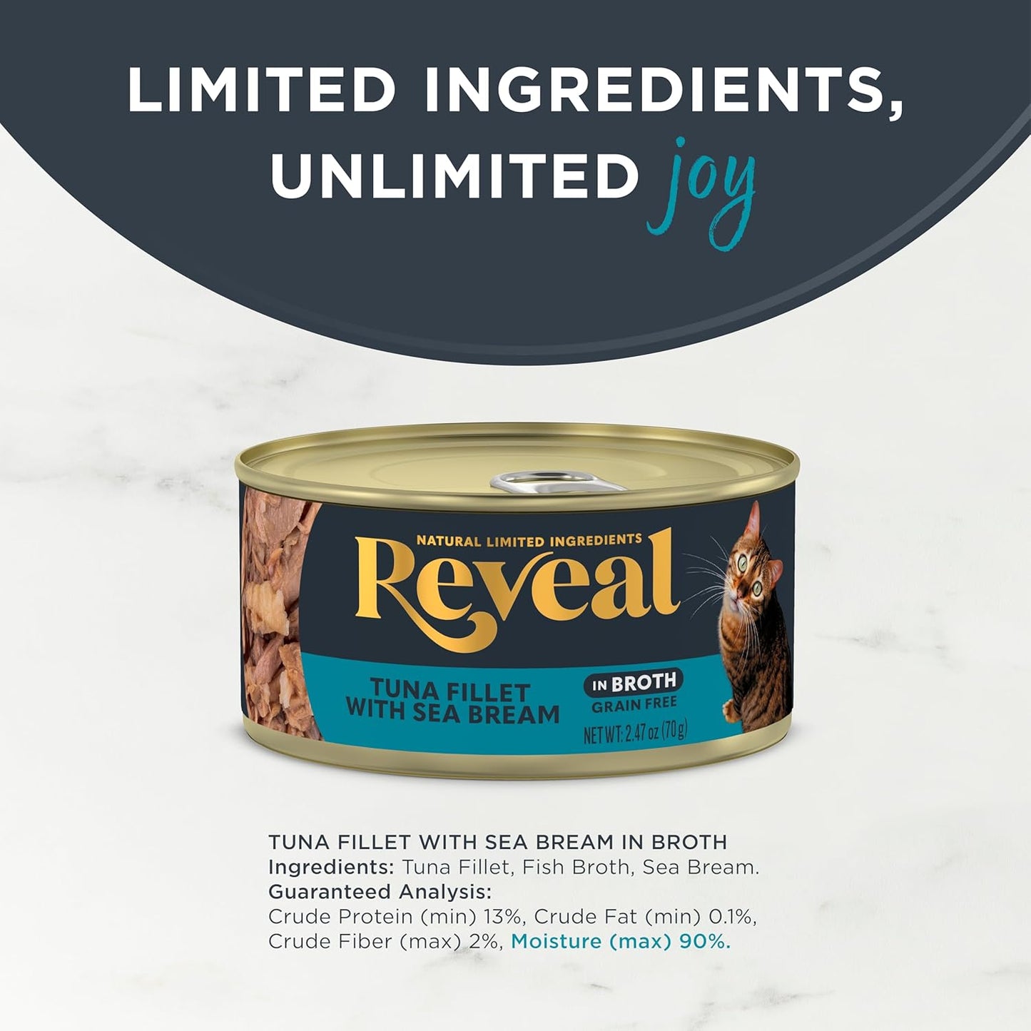 Reveal Natural Wet Cat Food, 24 Count, Grain Free, Limited Ingredient Canned Food for Cats, Tuna with Sea Bream in Broth, 70g Tins