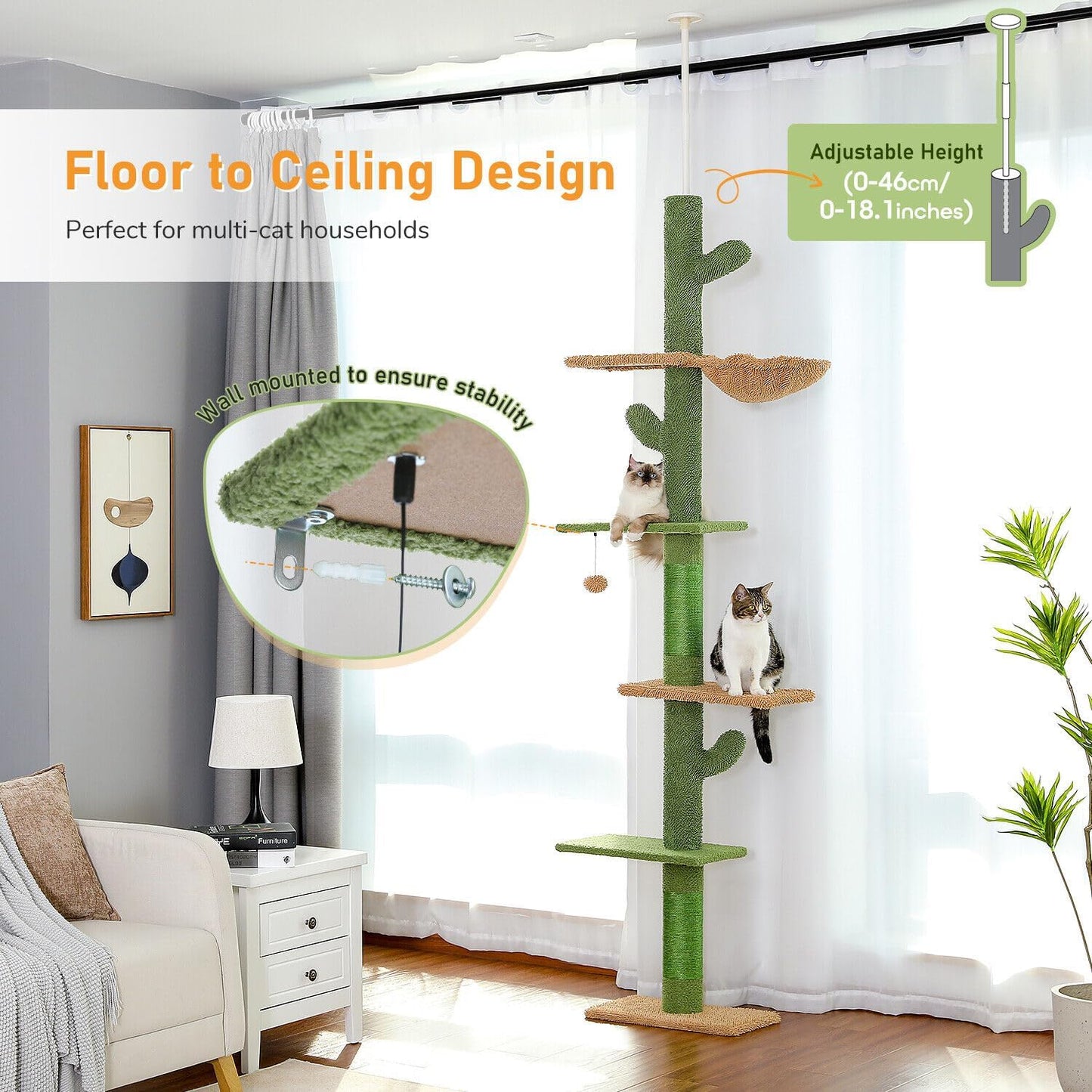 PAWZ Road Cactus Cat Tree Four Tier Floor-to-Ceiling Cat Climbing Tower with Cozy Hammock, Cat Activity Center 9 Feet Green