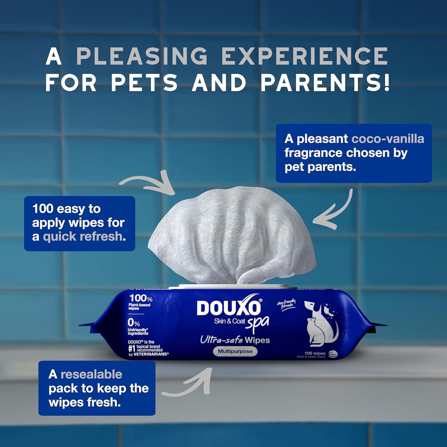 DOUXO® Skin & Coat SPA - Ultra-Safe Multipurpose Wipes for Dogs and Cats, 100 Wipes