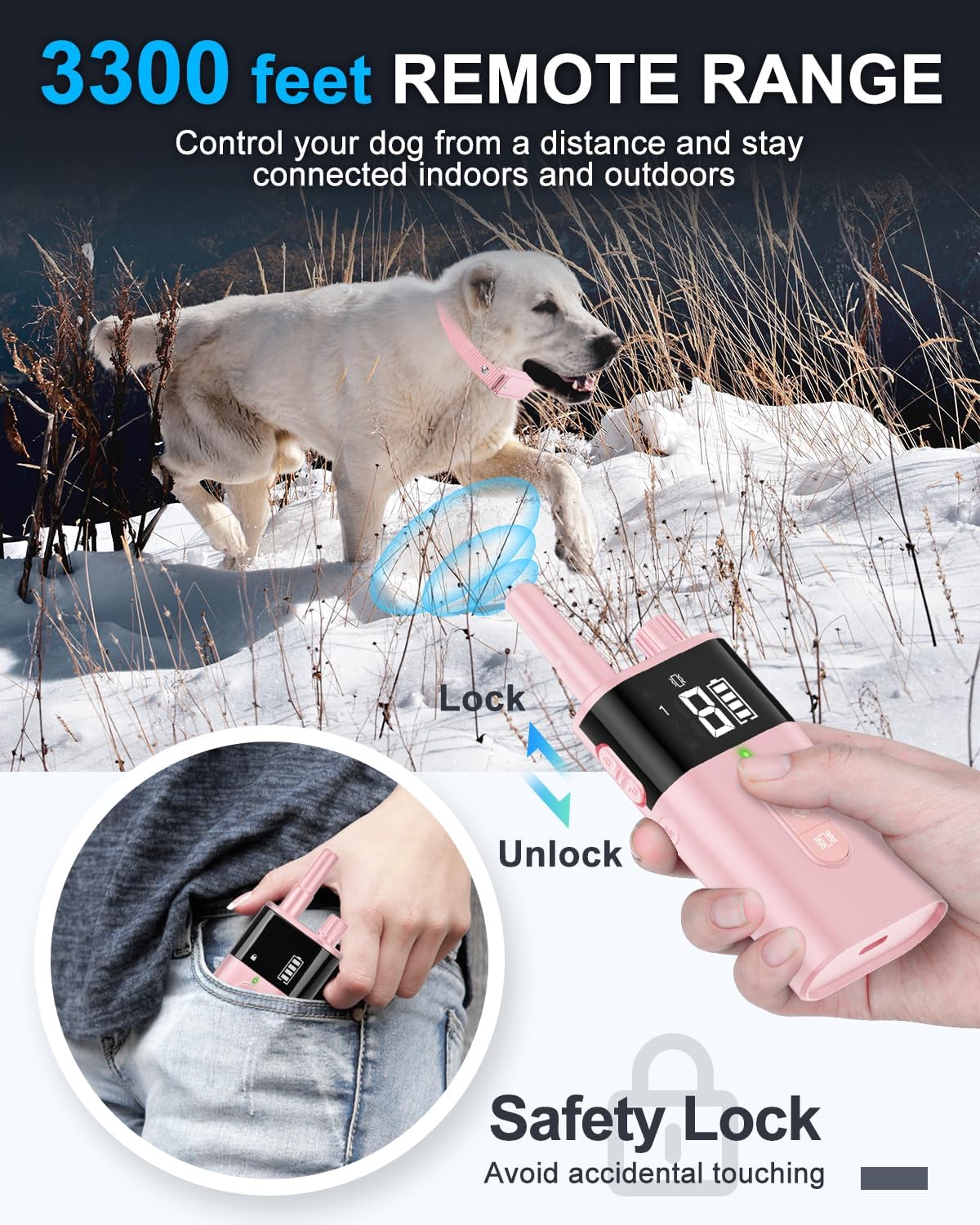No Shock Dog Training Collar with Remote, Dog Vibration Collar with Controller Beep and Vibrate Only, Safe Lock Waterproof Rechargeable Vibrating Collars for Dogs(10-120 lbs)-No Prongs (Pink)