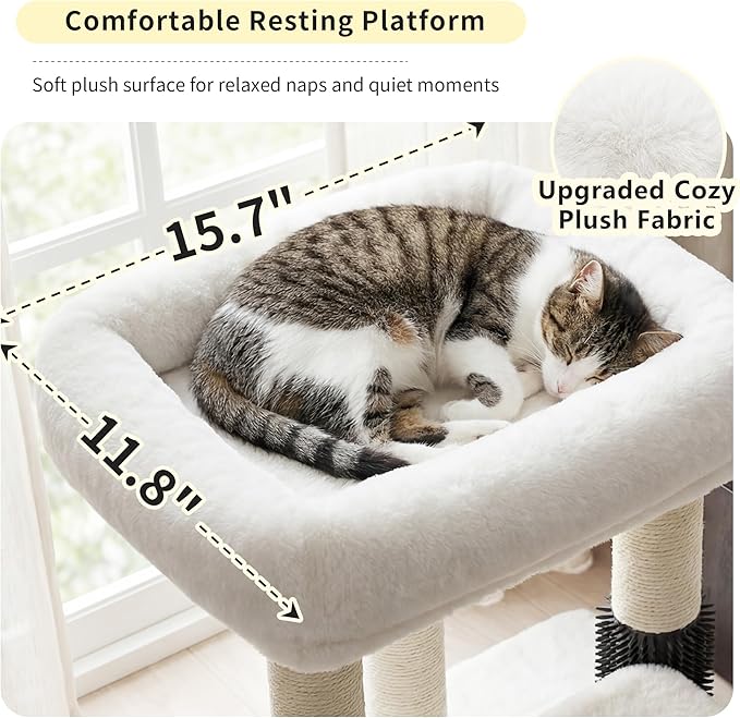 Heybly Cat Scratching Post with Grooming Brush & Gentle Step, HSP001SWH | White