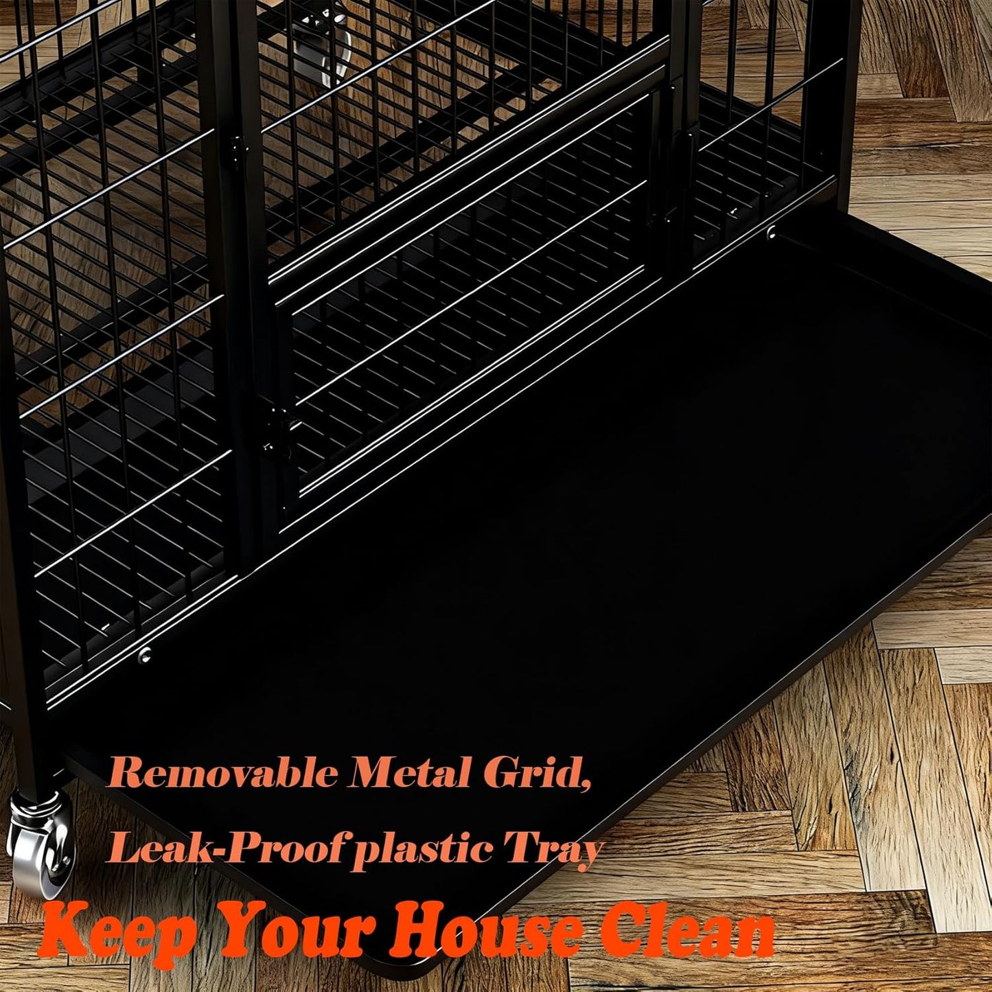 Dog Crate with Removable Tray, Large Dog Cage with Wheels, Double Door Kennel Black 77 * 51 * 71cm