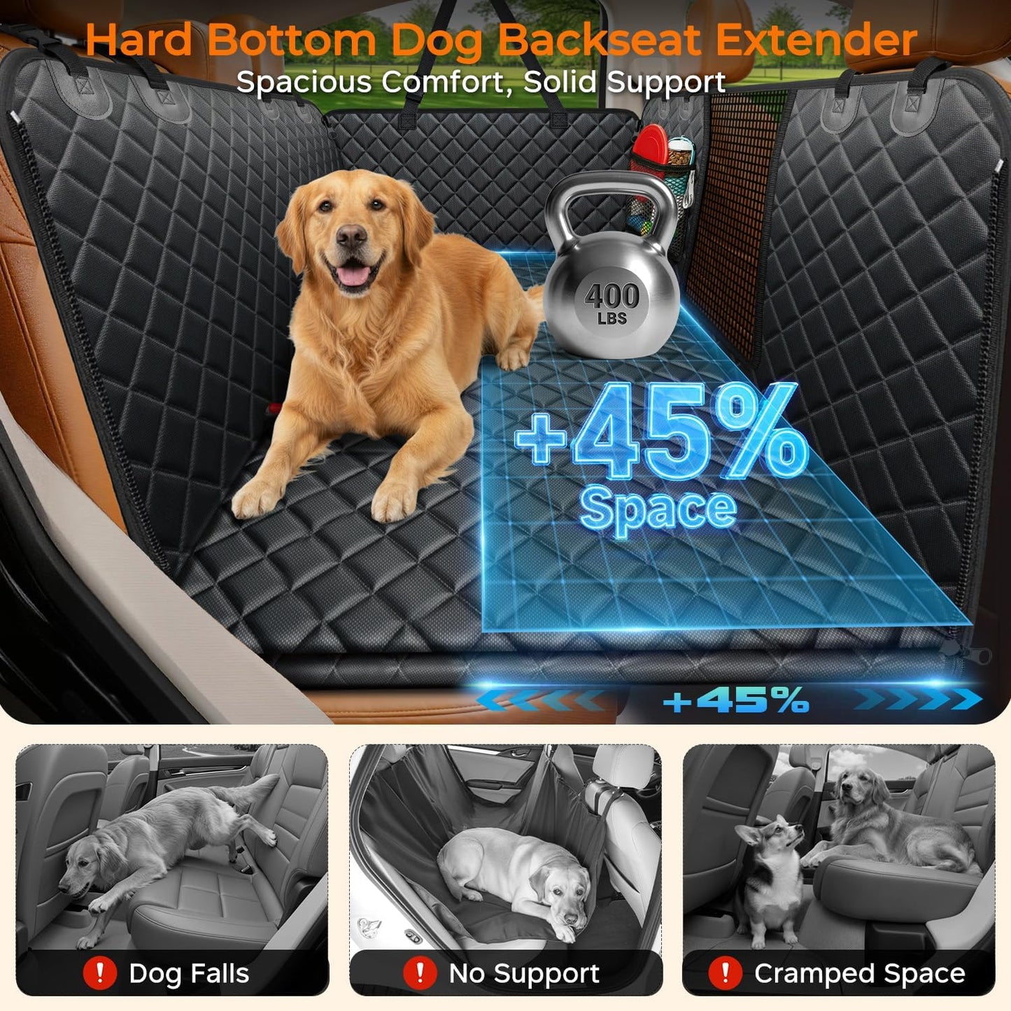Dog Back Seat Cover Hard Bottom Truck Back Seats Protector, Large Backseat Extender for Dogs, Car