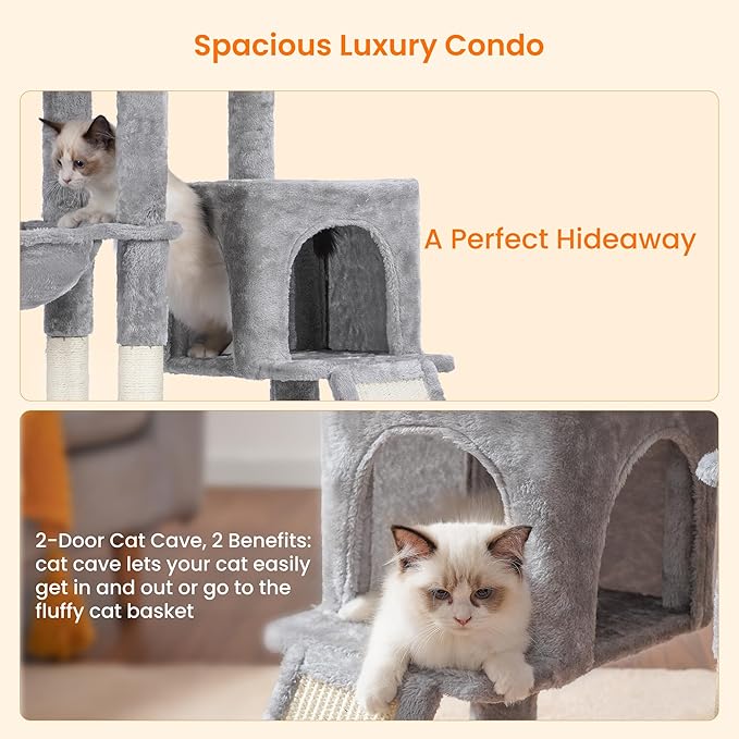 Heybly Cat Tree with Cat Self Groomer Brush, Cat Tower Condo for Indoor Cats ,Light Grey