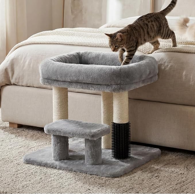 Heybly Cat Scratching Post with Grooming Brush & Gentle Step, HSP001SW | Light Gray