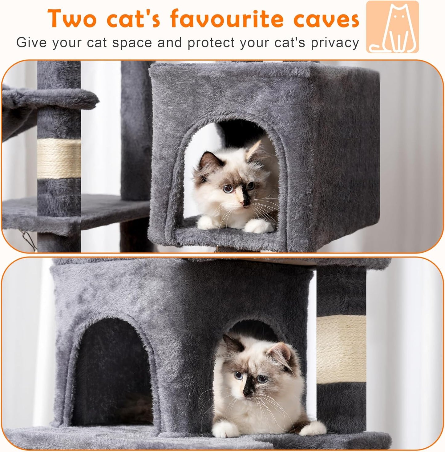 Heybly Cat Tree with Large Platform, Multi-Level Cat Tower with 2 Caves