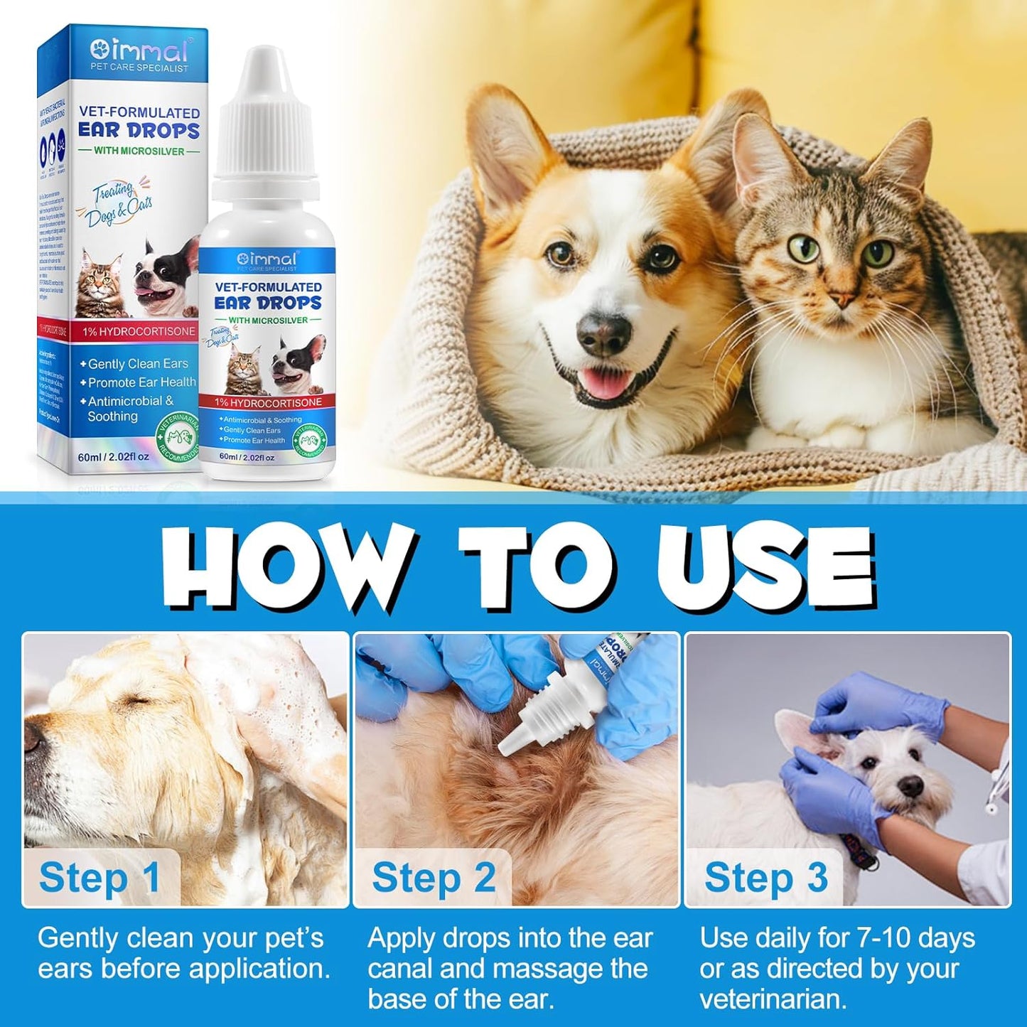 Cat & Dog Ear Infection Treatment Drops - with 1% Hydrocortisone, Itch Relief & Wax Buildup, 60ml