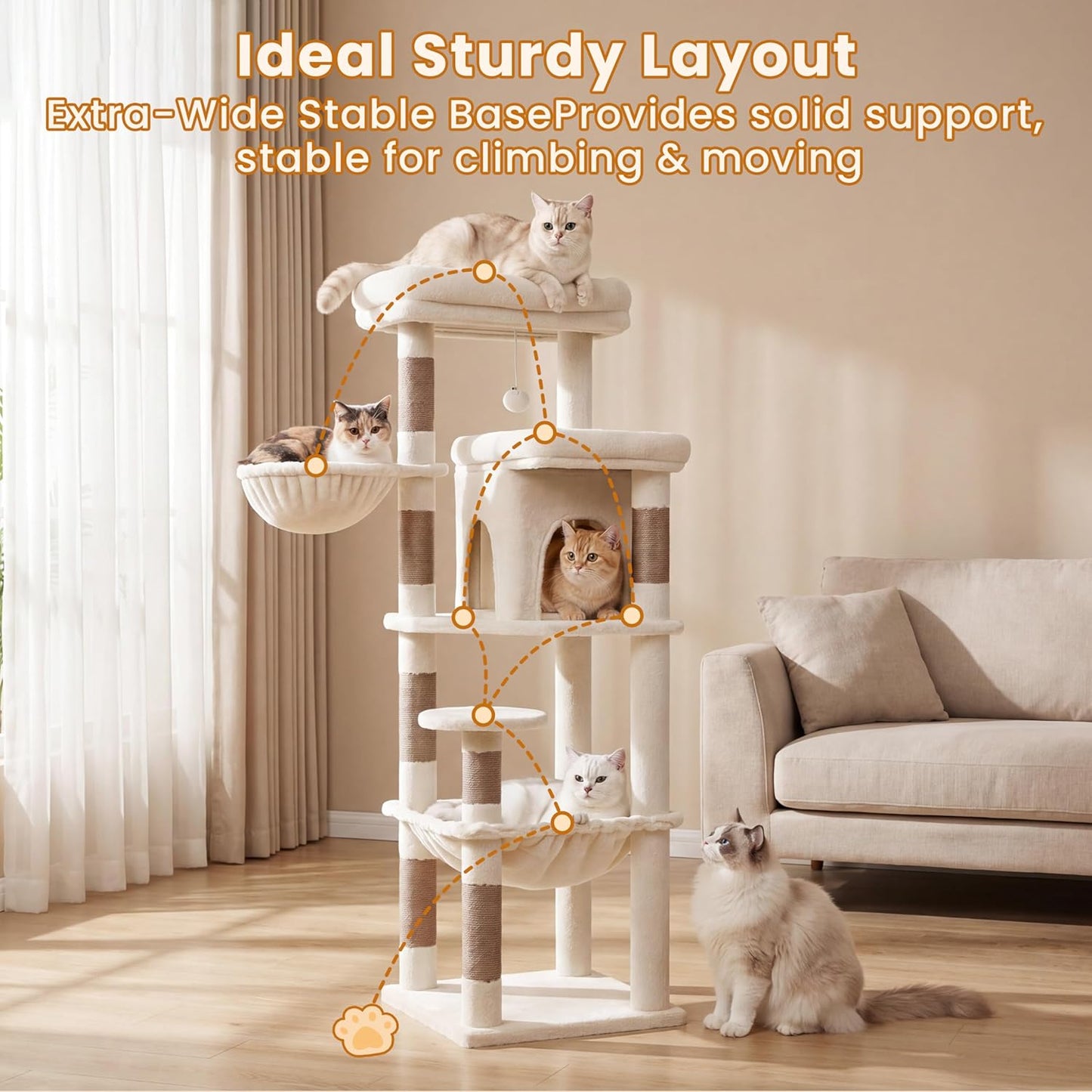 Heybly Cat Tree, 56" Multi-Level Easy Climb Tower for Large Cats HCT028MJ | Cat Furniture with 2 Perches, Cozy Hammock, Spacious Condo & Cat Basket, Durable Sisal Scratching Posts, Beige