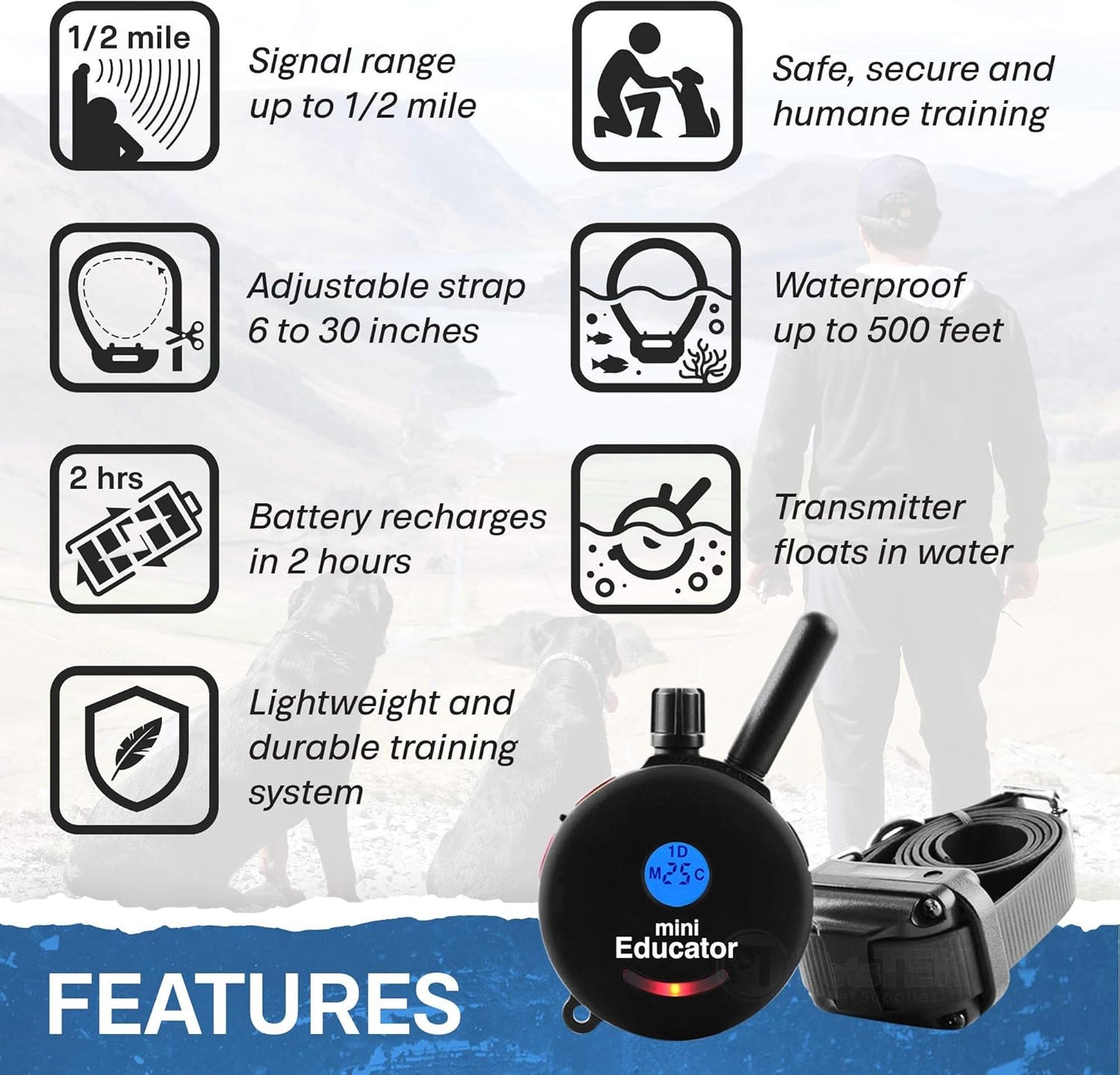 Educator ET-300 Black Mini E Collar for Dog Training with Remote - 1/2 Mile Range, Waterproof, 100 Blunt Stimulation Levels