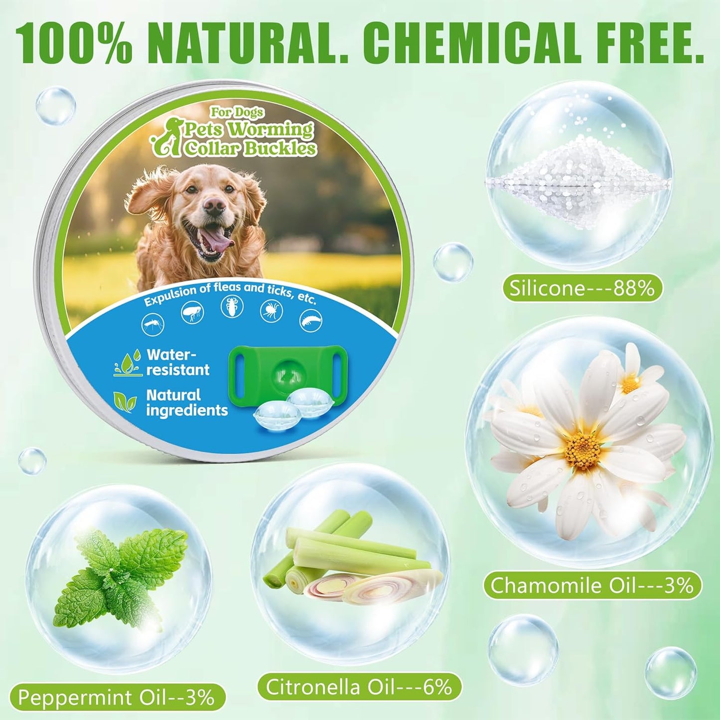 Natural Flea and Tick Prevention Dog Tag – Waterproof Collar Pendant with 3 Extra Refills, Green, Safe for All Breeds