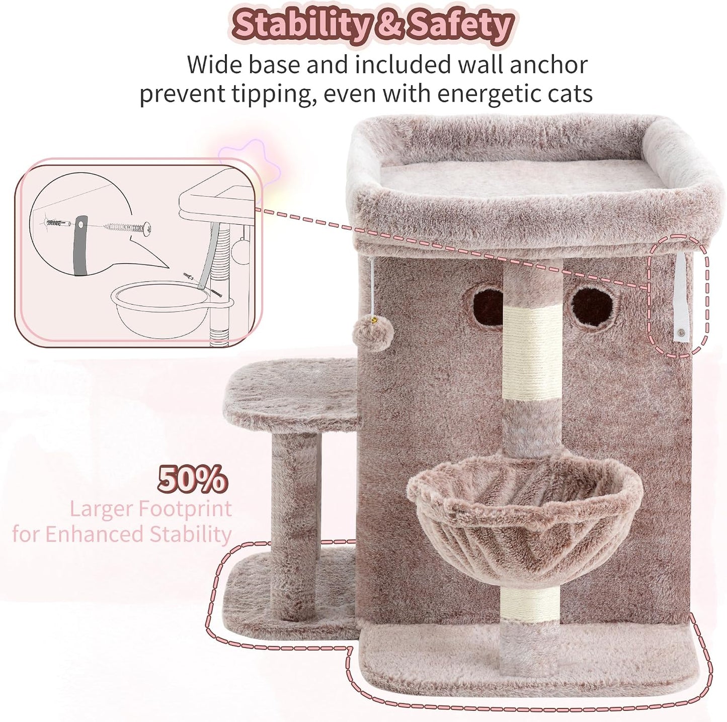 Heybly Cat Tree, 65cm Cat Tower with Spacious Top Perch for Large Cats, Stair-Style Cat House Furniture with Dual-Layer Condos, Sisal Scratching Posts, Cozy Basket & Pompom, Muchroom HCT204SMU