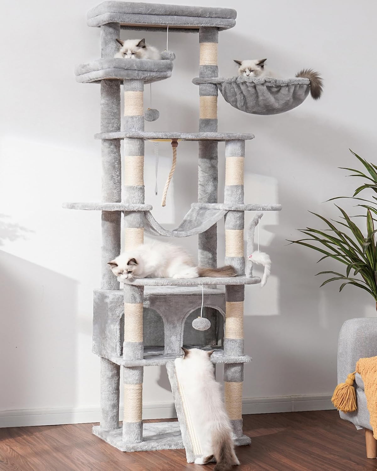Heybly Tall Cat Tree, 78-inch Multi-Level Cat Tower for Indoor Cats, 2 Widened Plush Perches Cat Condo with Scratching Board and Big Caves, Light Gray