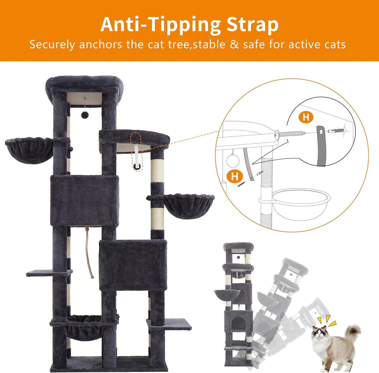 Heybly Cat Tree, 190cm Spacious & Tall Cat Tower for Large Cats, Cat Furniture with Large Top Perch, Solid Base, 2 Cat Condos
