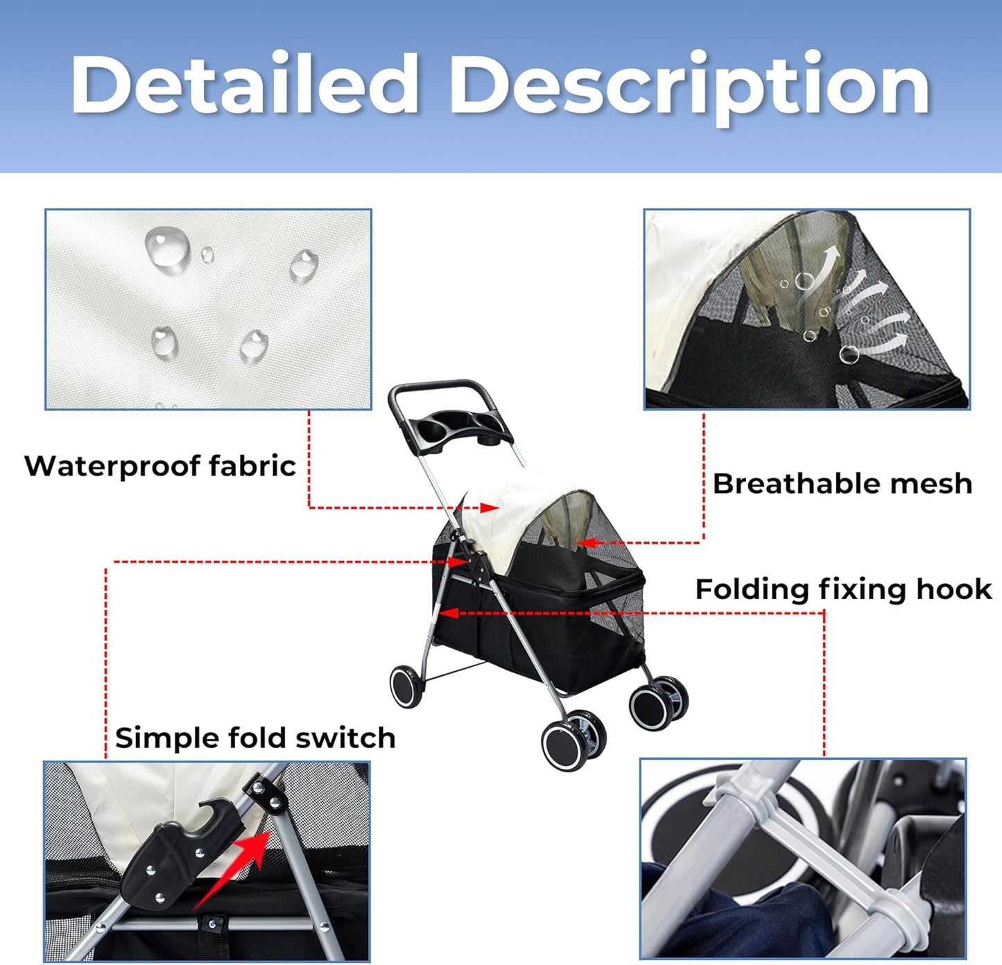 PaWz 4 Wheels Foldable Pet Stroller Dog Cat Travel Carrier Large Black