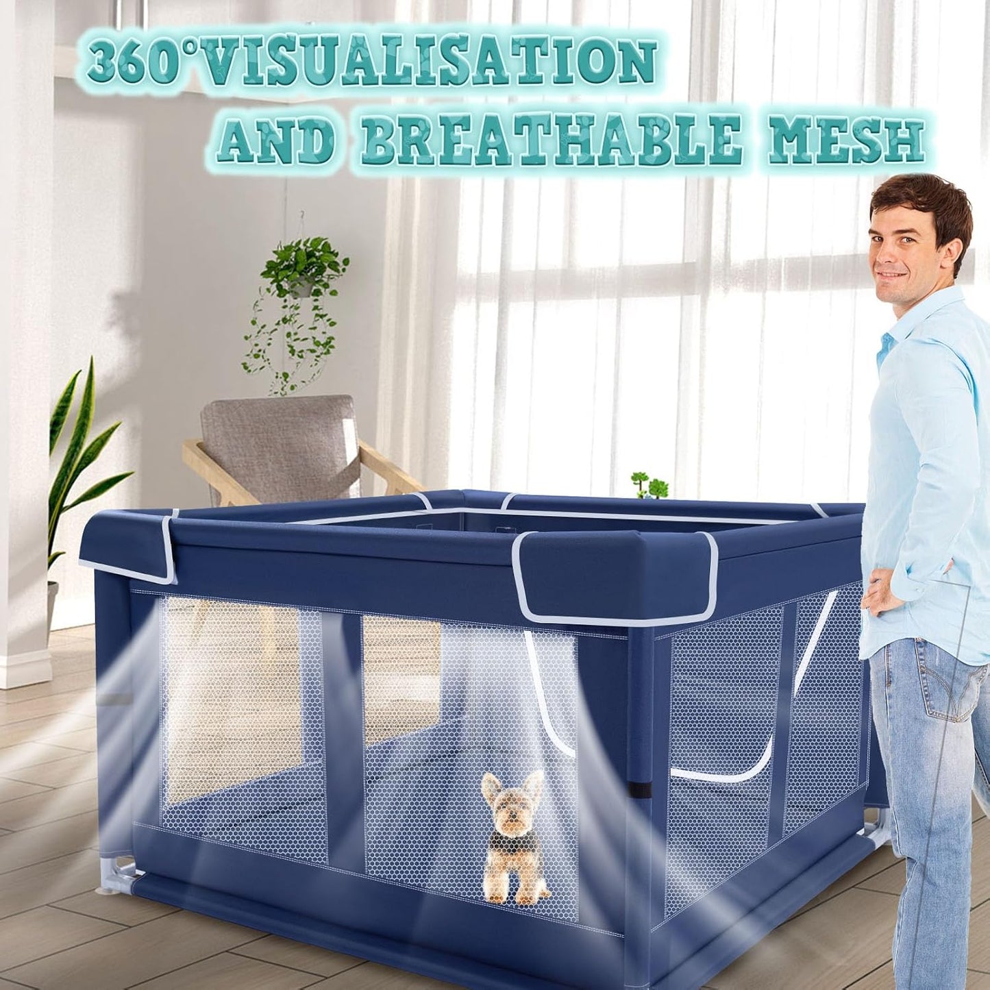 XVISHX 42x42x25.6 Inches Puppy Playpen with Gate, Dog Fence for Indoor & Outdoor, Blue