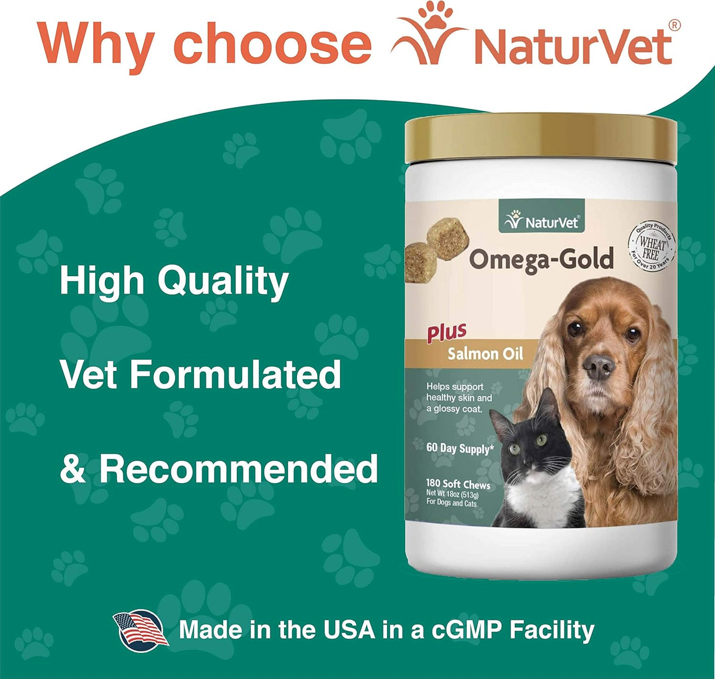 NaturVet Omega-Gold Plus Salmon Oil for Dogs, 180 ct Soft Chews, Made in USA