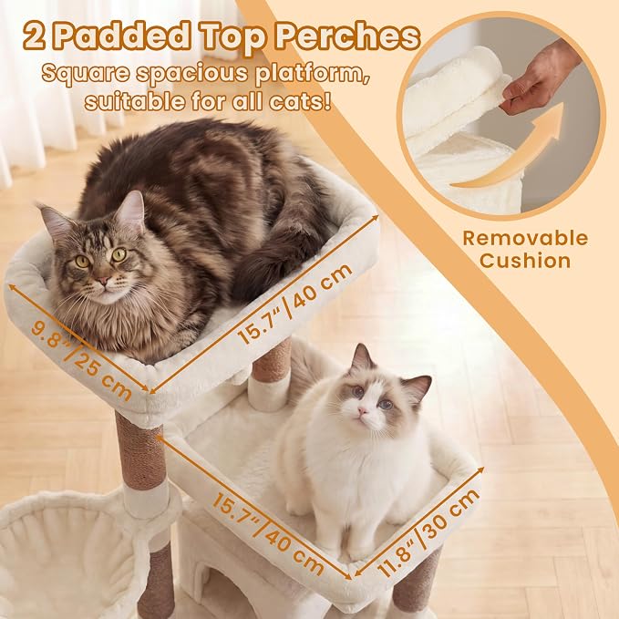 Heybly Cat Tree, 56" Multi-Level Easy Climb Tower for Large Cats HCT028MJ | Cat Furniture with 2 Perches, Cozy Hammock, Spacious Condo & Cat Basket, Durable Sisal Scratching Posts, Beige