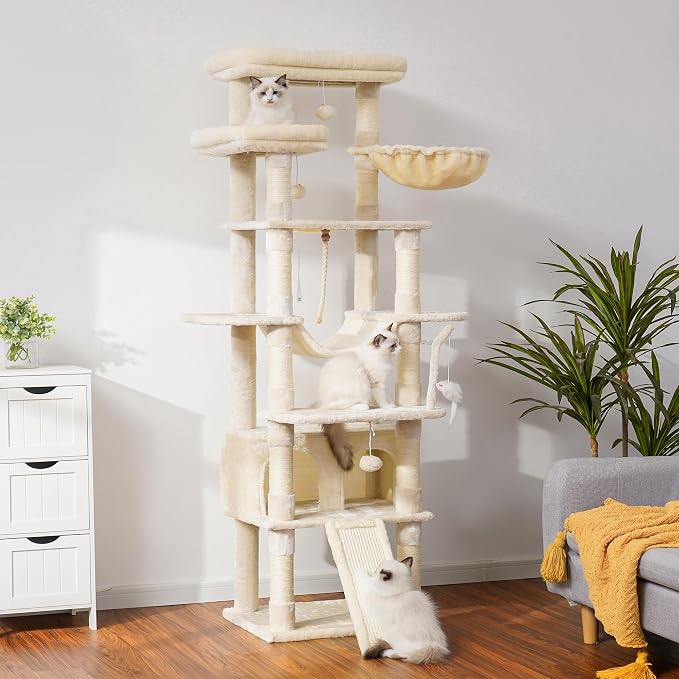Heybly Tall Cat Tree 78-inch Multi-Level Cat Tower for Indoor Cats HCT033M | Cat Condo with 2 Widened Plush Perches, Multi-Level Cat Furniture with Scratching Board, Big Caves, Beige