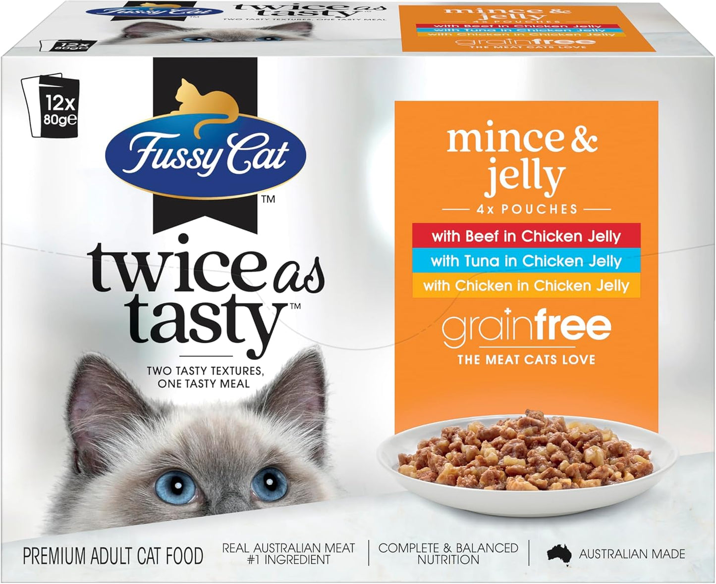 Fussy Cat Grain Free Adult Twice as Tasty Wet Cat Food, Mince & Jelly 12x80g