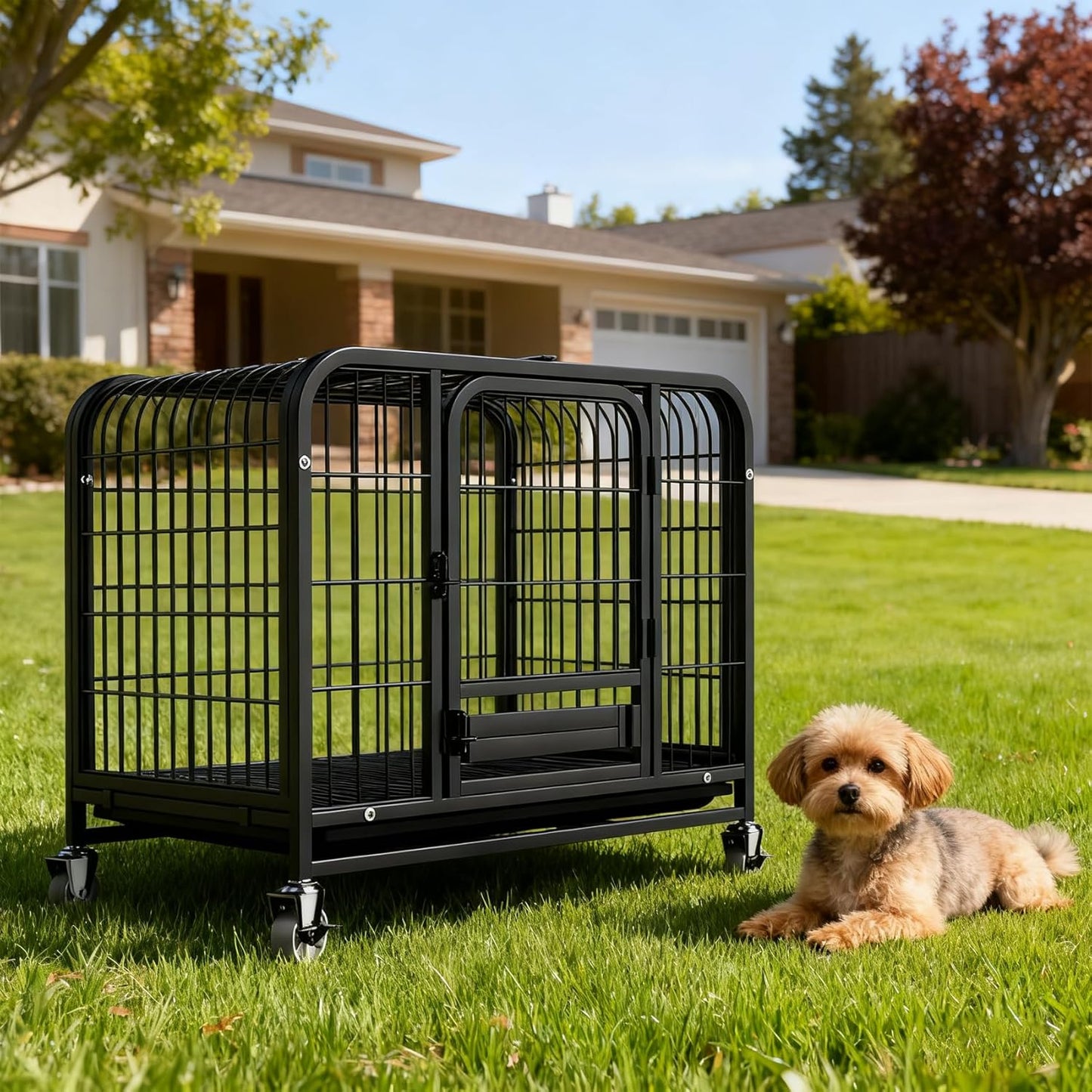 Dog Crate with Removable Tray, Large Dog Cage with Wheels, Double Door Kennel Black 77 * 51 * 71cm