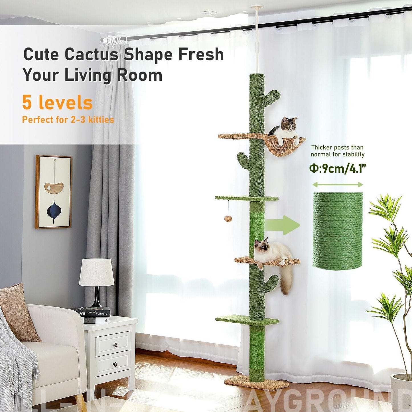 PAWZ Road Cactus Cat Tree Four Tier Floor-to-Ceiling Cat Climbing Tower with Cozy Hammock, Cat Activity Center 9 Feet Green