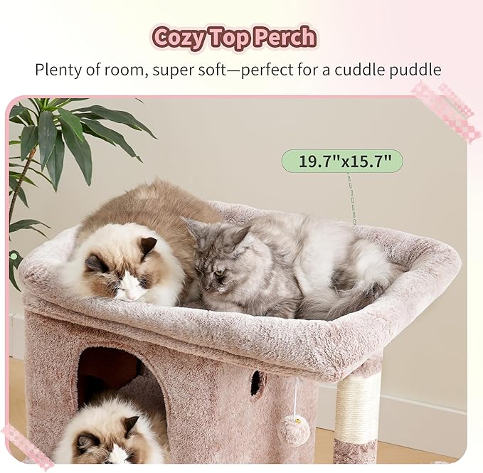 Heybly Cat Tree, 65cm Cat Tower with Spacious Top Perch for Large Cats, Stair-Style Cat House Furniture with Dual-Layer Condos, Sisal Scratching Posts, Cozy Basket & Pompom, Muchroom HCT204SMU