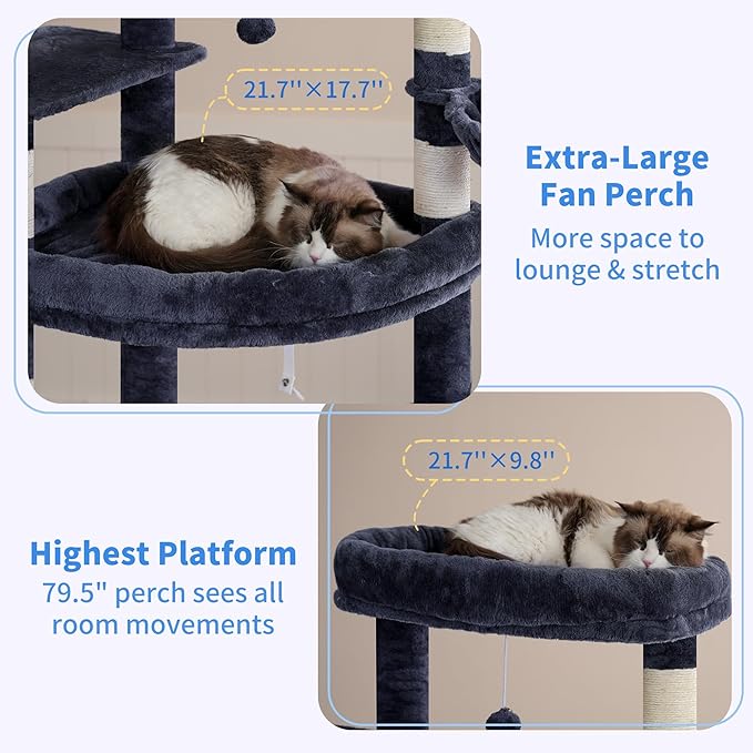 Heybly Tall Cat Tree for Large Cat, 80-inch Multi-Level Cat Tower HCT038G |