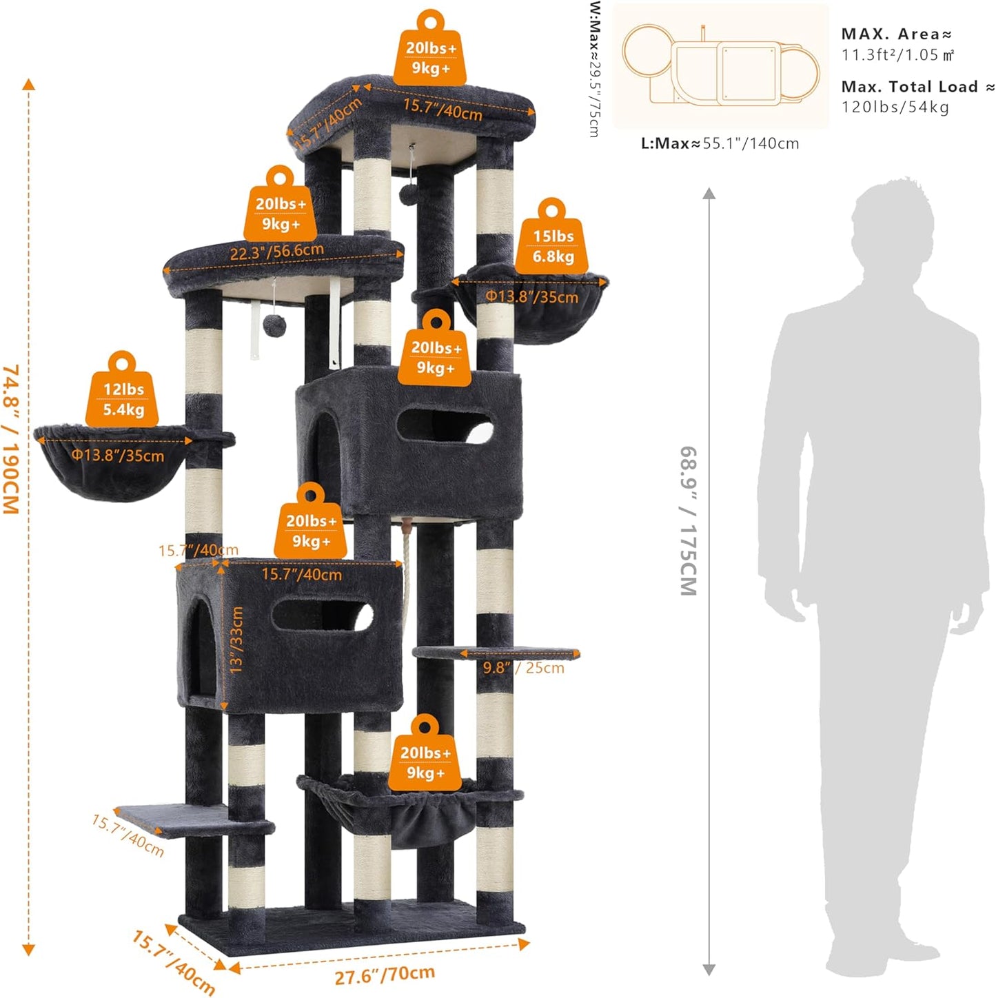 Heybly Cat Tree, 190cm Spacious & Tall Cat Tower for Large Cats, Cat Furniture with Large Top Perch, Solid Base, 2 Cat Condos