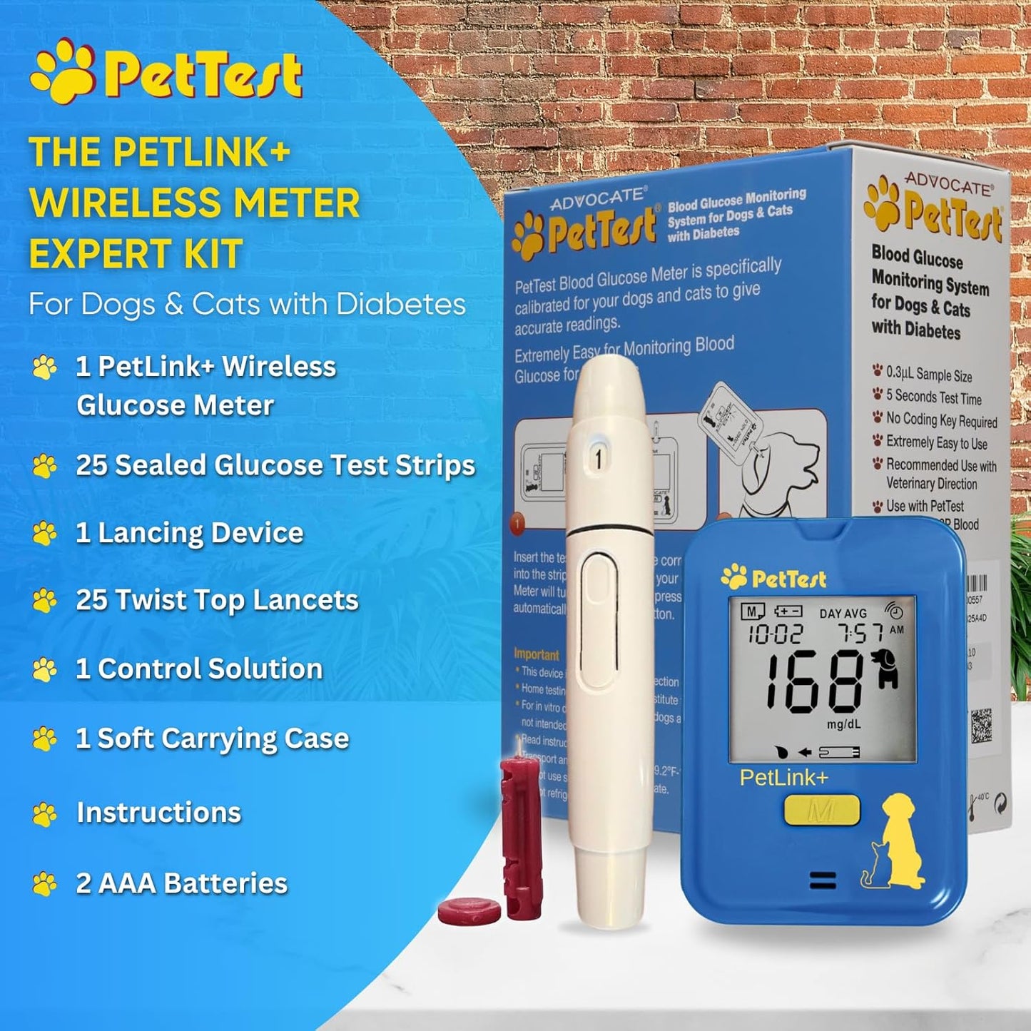 PetTest Expert Glucose Monitoring Kit for Dogs & Cats, Diabetic Pet Blood Sugar Check Gear, Includes Wireless PetLink+ Meter, 25 Test Strips, Lancing Device, 25 Lancets, Soft Carrying Case, and More
