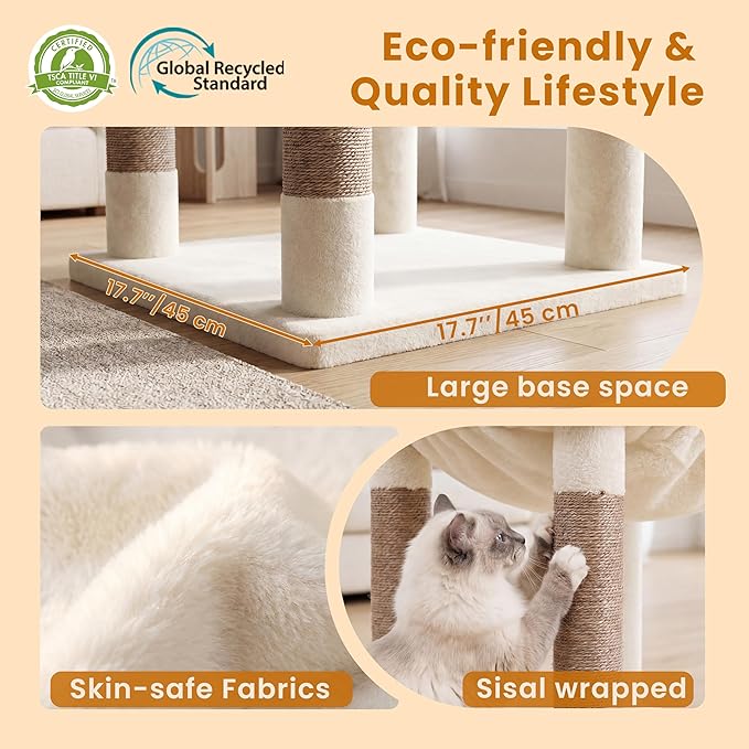 Heybly Cat Tree, 56" Multi-Level Easy Climb Tower for Large Cats HCT028MJ | Cat Furniture with 2 Perches, Cozy Hammock, Spacious Condo & Cat Basket, Durable Sisal Scratching Posts, Beige
