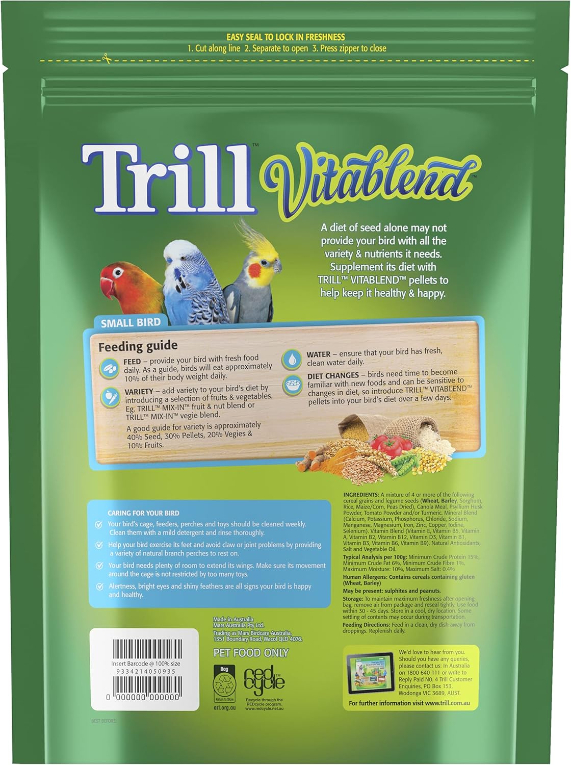 Trill Vitablend Small Bird Food 1.3kg, Pellets