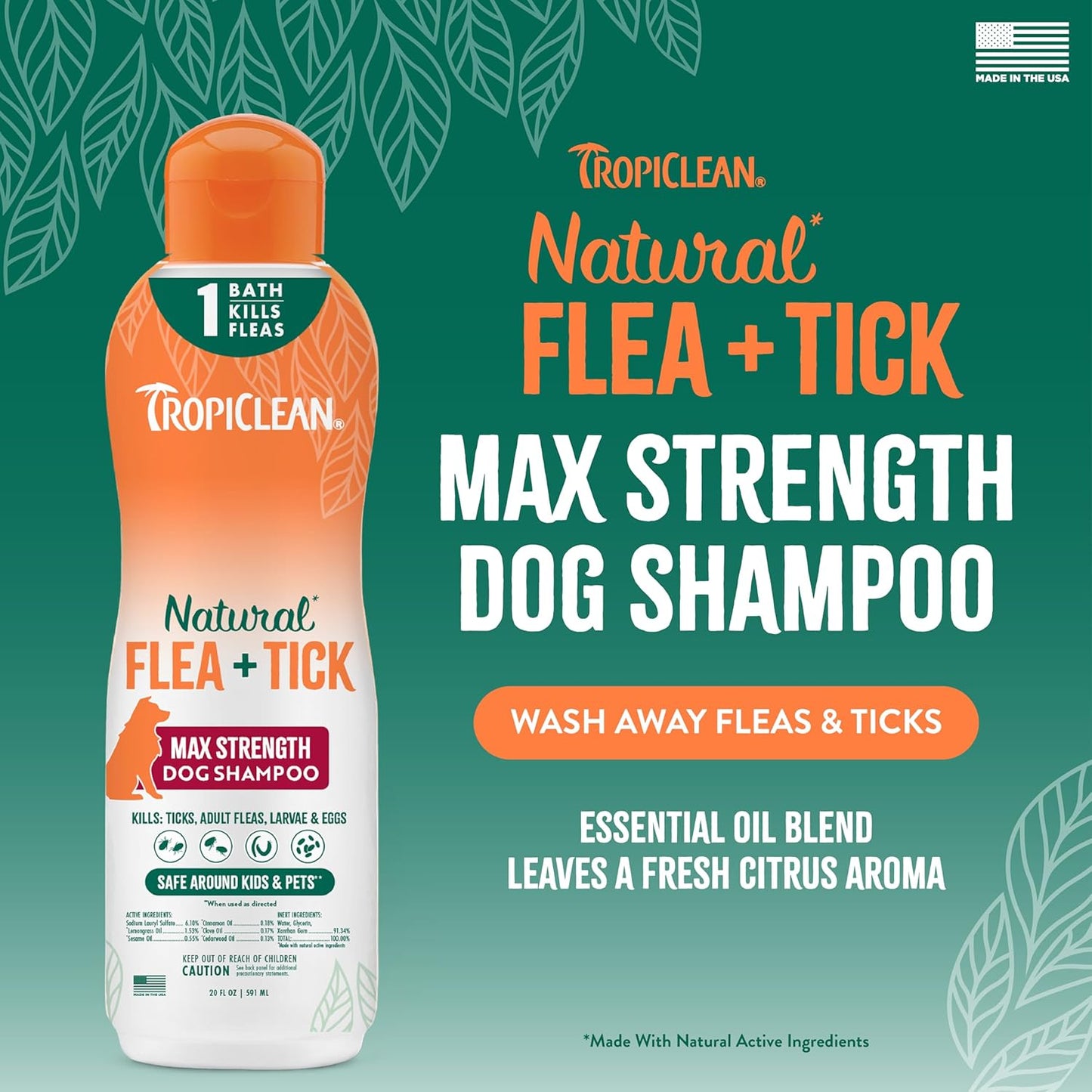 TropiClean Max Strength Flea and Tick Shampoo Treatment for Dogs,Made in USA, 20oz