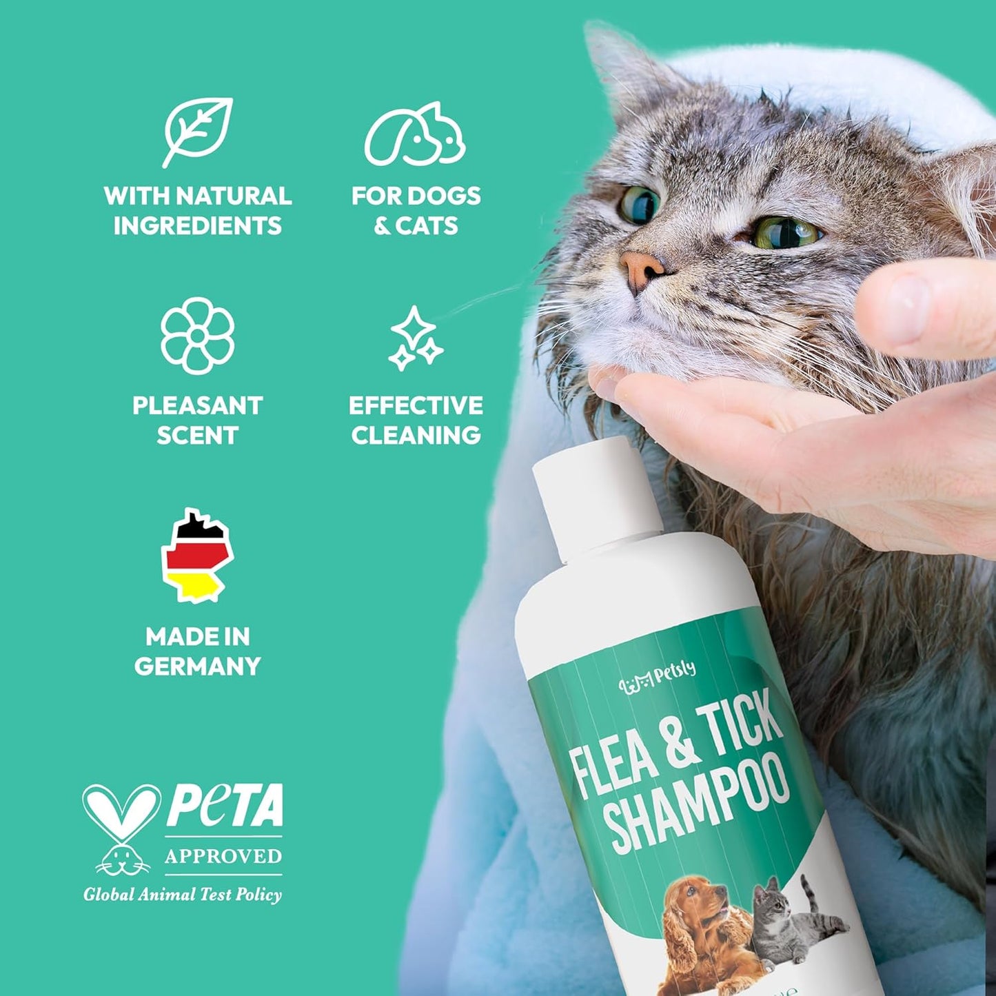 Medicated Flea & Tick Shampoo for Cats & Dogs – 500ml – Anti-bacterial & Anti-fungal - Soothing Cleanser for Itchy, Sensitive Skin – Remove Fleas & Ticks Fast – PETA Approved – Made in Germany