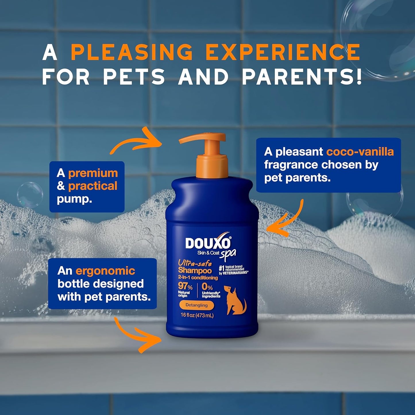 DOUXO® Skin & Coat SPA - Ultra-Safe 2 in 1 Conditioning Dog Shampoo, 16 fl oz, Cleans and Deeply Hydrates The Skin, Leaves The Coat Soft, Silky and Detangled, Skin-Friendly Formula