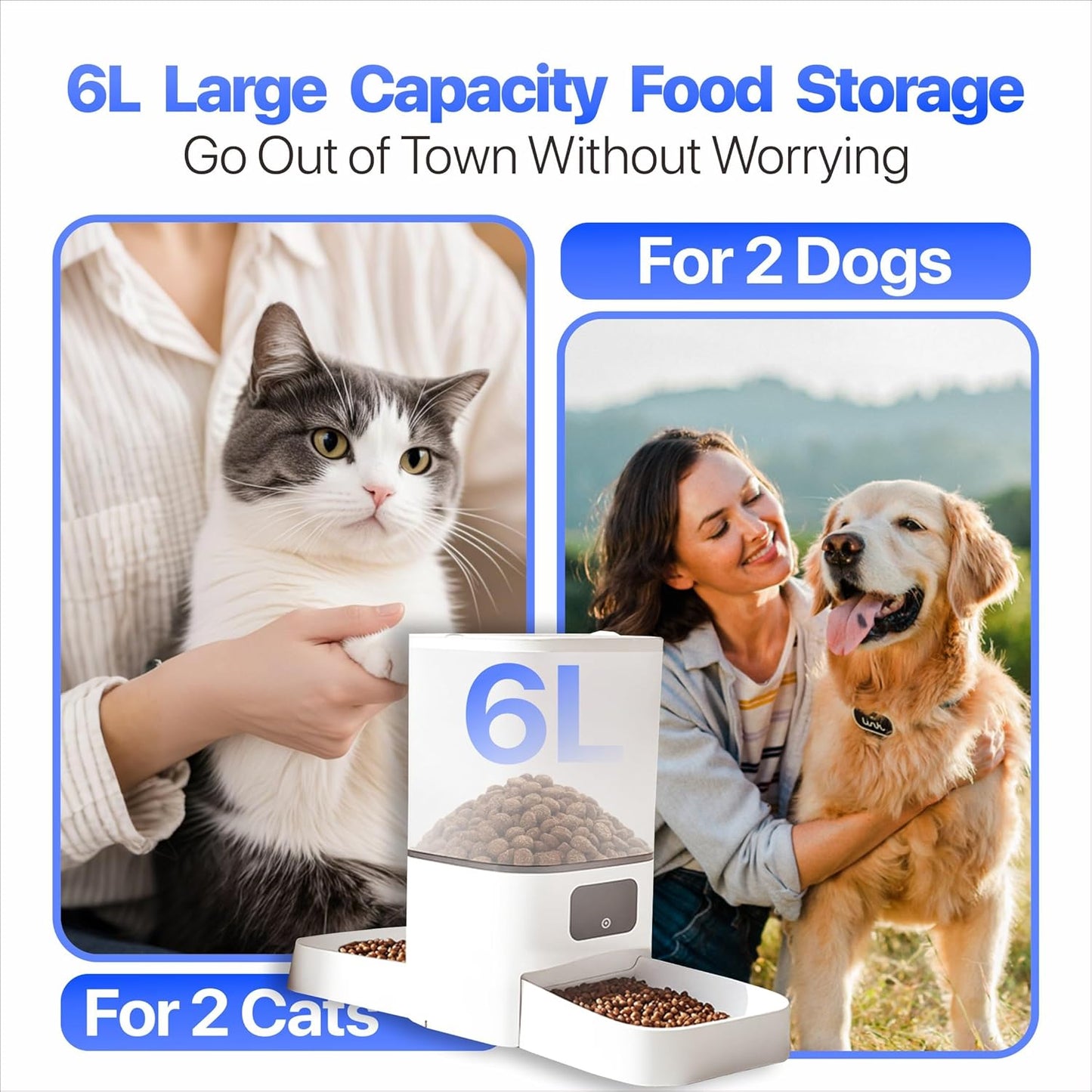 Automatic Cat Feeder for 2 Cat, 6L Dual Auto Cat Food Dispenser with Slow Feed, Smart WiFi APP Control