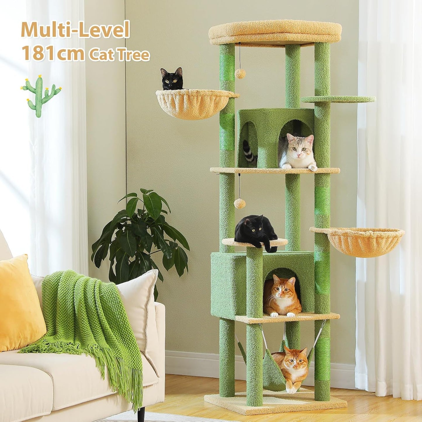 PAWZ Road Cat Tree, 181cm Cat Tower for Indoor Large Cats, Cat Furniture with 2 Spacious Cat Condo, Large Top Perch,2 Hammock(Dia=35cm), 2 Round Perches,Sisal Covered Scratching Post.Grey