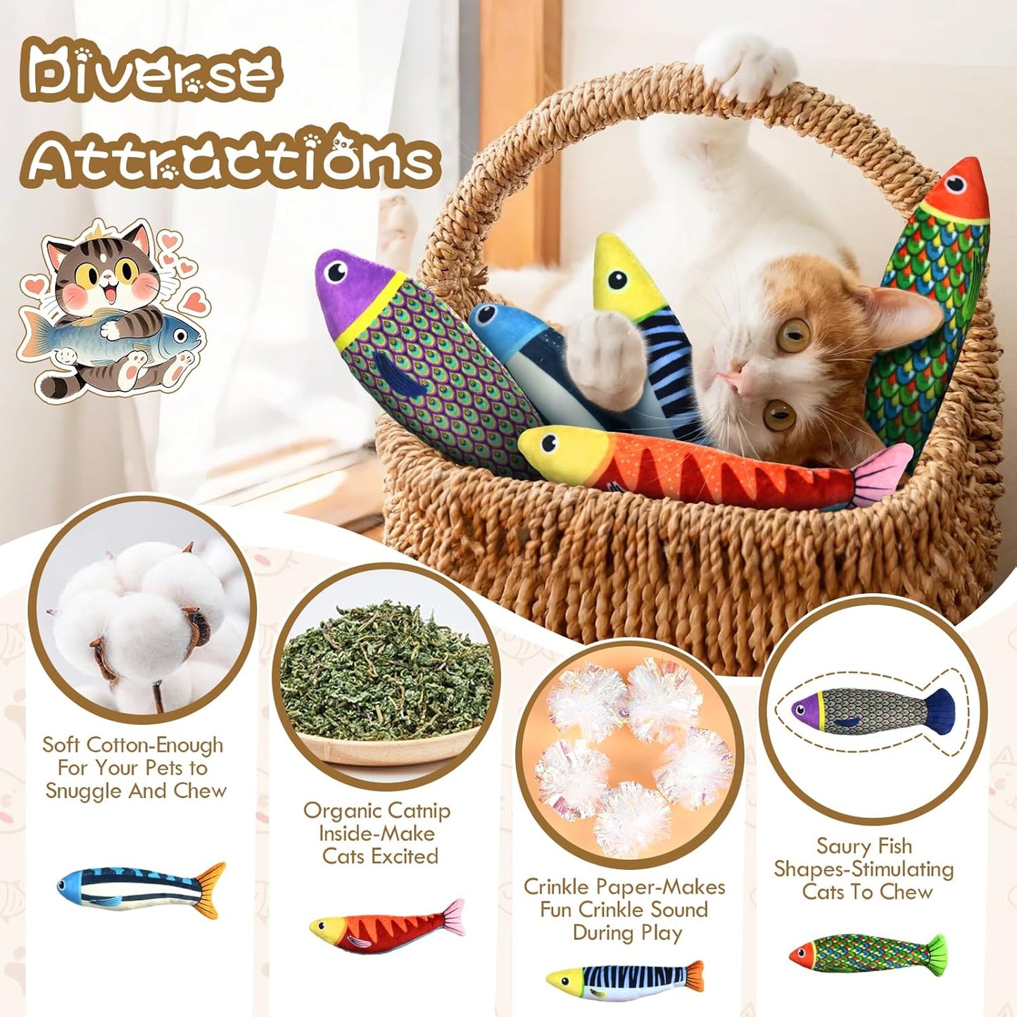Cat Toys Saury Fish： 5 Pack Catnip Toys with Crinkle Sound and Soft Cotton